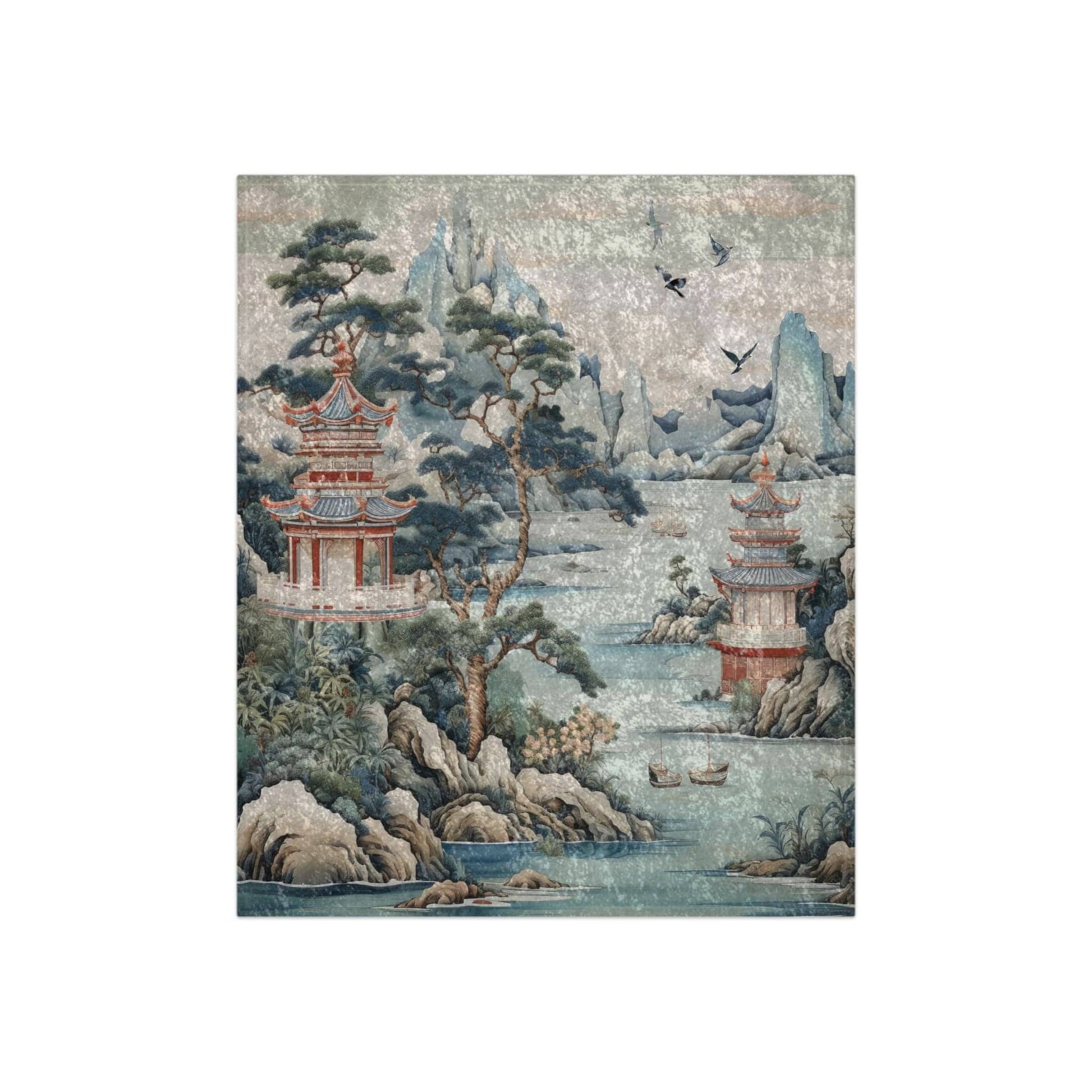 Kate McEnroe New York Chinoiserie Pagoda Landscape Floral Crushed Velvet Blanket, Country Chic Farmhouse Sofa Blanket, Grandmillenial Decor - 122281123 Blankets 38760621272768168612