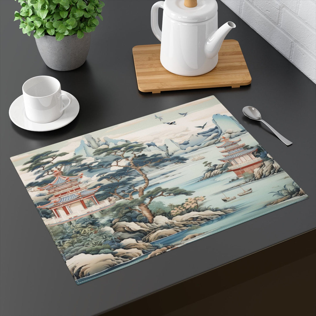 Kate McEnroe New York Chinoiserie Pagoda Landscape Floral Fabric Placemat, Country Farmhouse Table Linen, Wedding Table Decor, Grandmillenial Kitchen - 121681023Placemats24445572810059951433