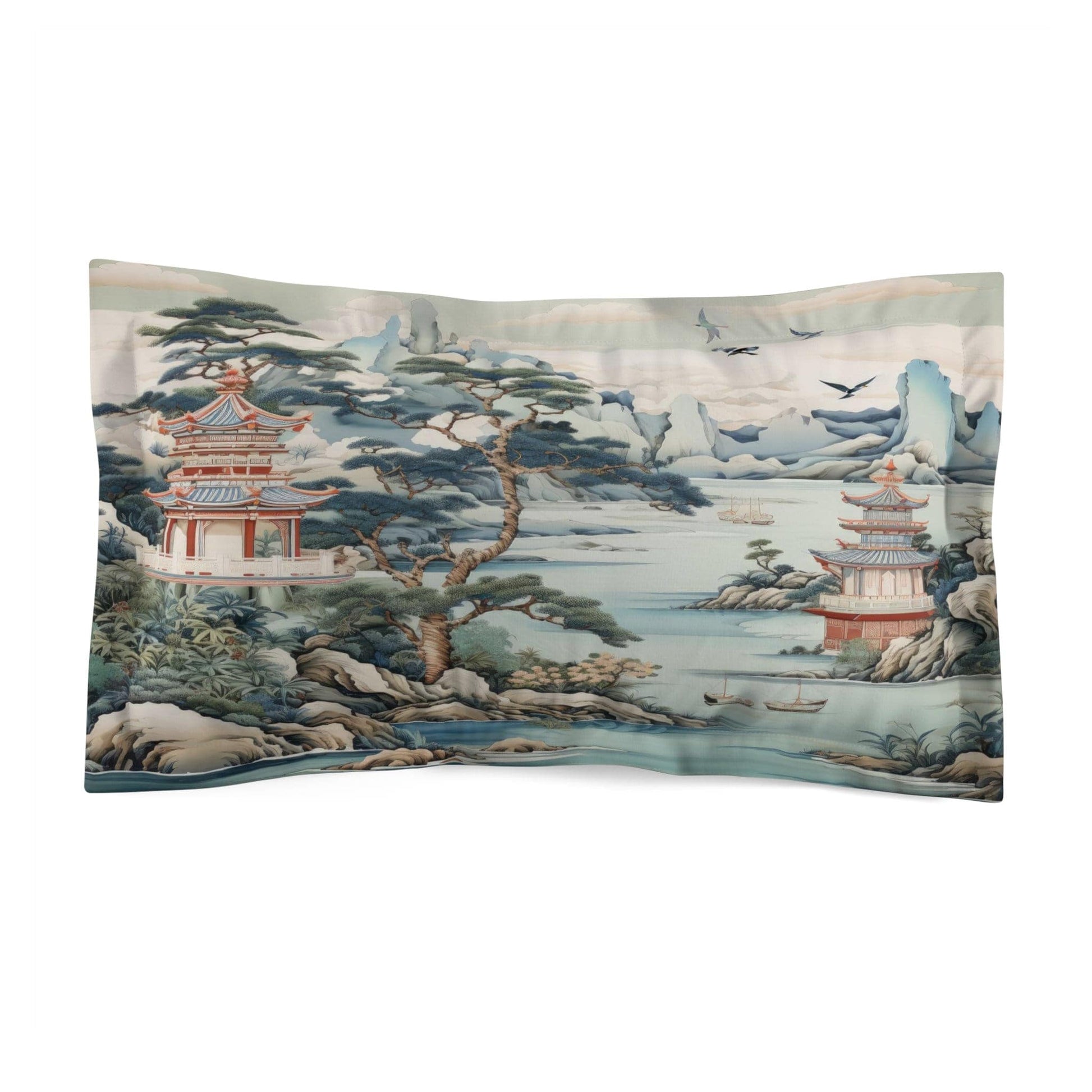 Kate McEnroe New York Chinoiserie Pagoda Landscape Floral Pillow Sham, Country Farmhouse Grandmillenial Bedroom Pillows, Rustic Chic Bedroom Decor -  121281023 Pillow Shams