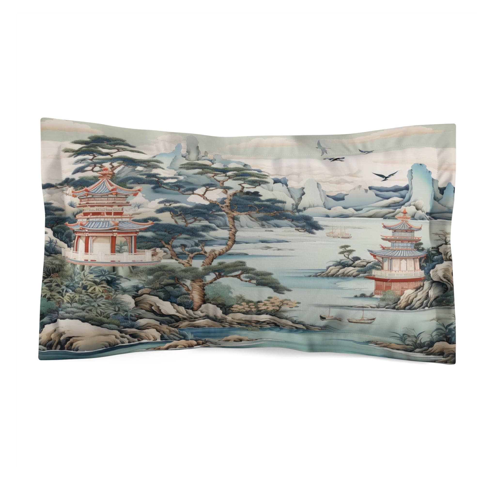 Kate McEnroe New York Chinoiserie Pagoda Landscape Floral Pillow Sham, Country Farmhouse Grandmillenial Bedroom Pillows, Rustic Chic Bedroom Decor - 121281023Pillow Shams17795159820759568696
