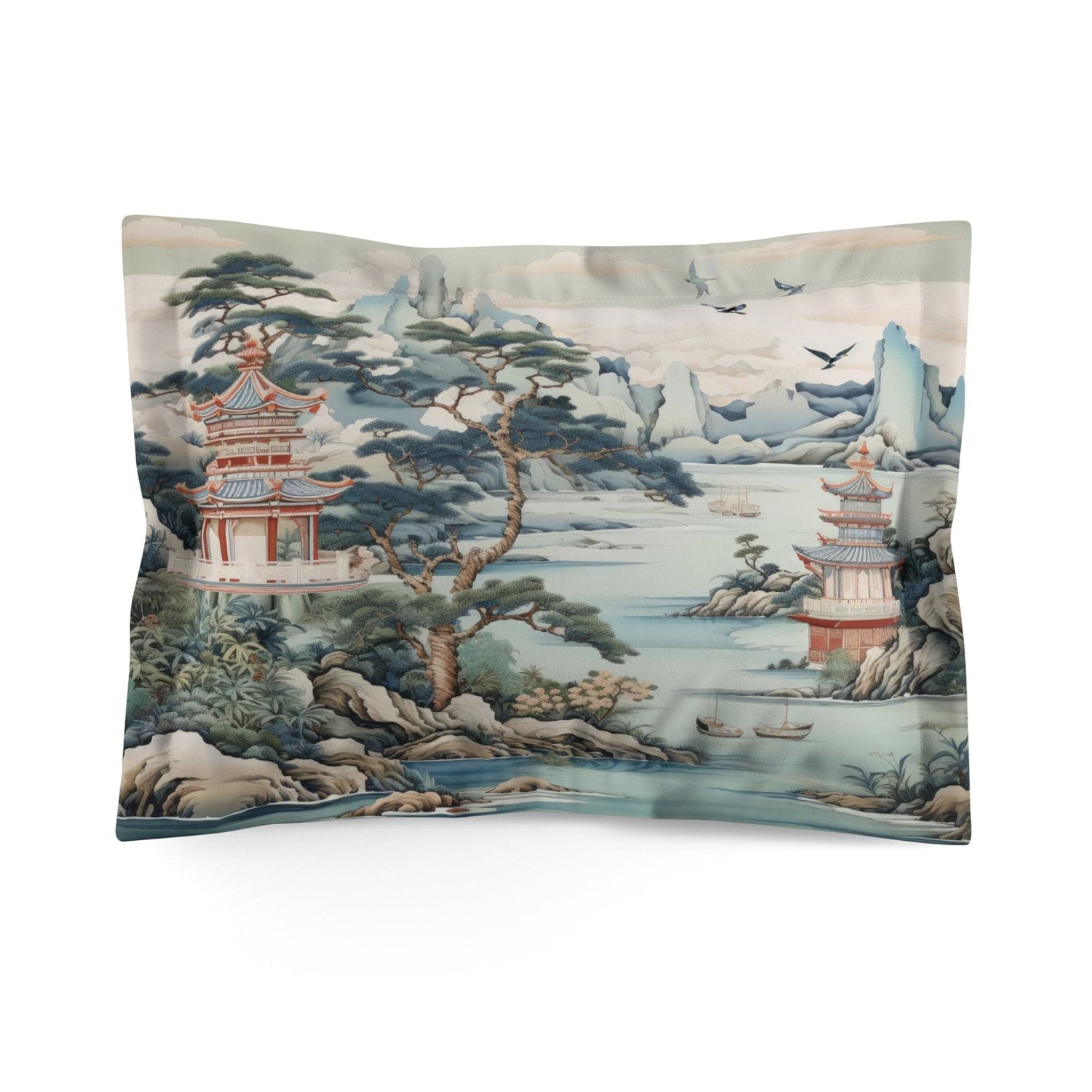 Kate McEnroe New York Chinoiserie Pagoda Landscape Floral Pillow Sham, Country Farmhouse Grandmillenial Bedroom Pillows, Rustic Chic Bedroom Decor - 121281023Pillow Shams17795159820759568696