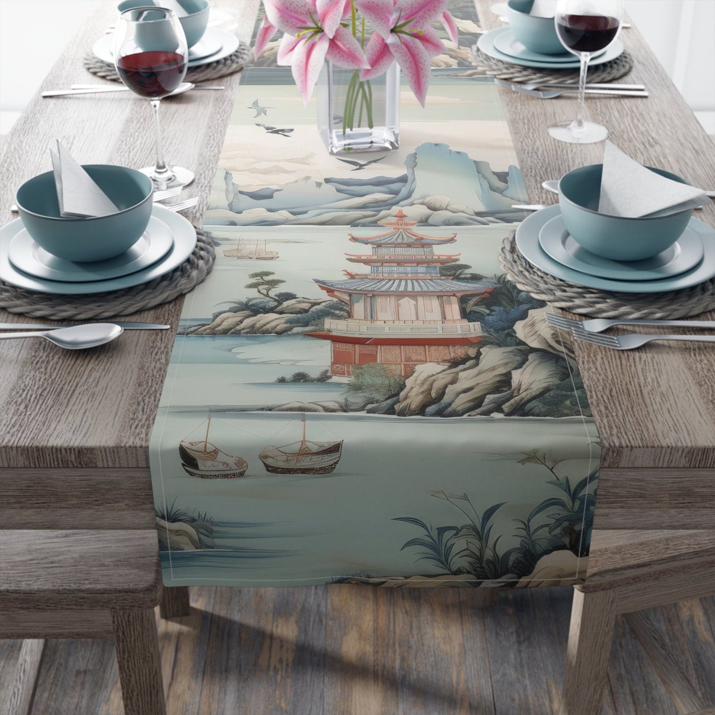 Kate McEnroe New York Chinoiserie Pagoda Landscape Floral Table Runner, Country Chic Farmhouse Table Linen, Wedding Table Decor, Grandmillenial Decor - 121781023 Table Runners