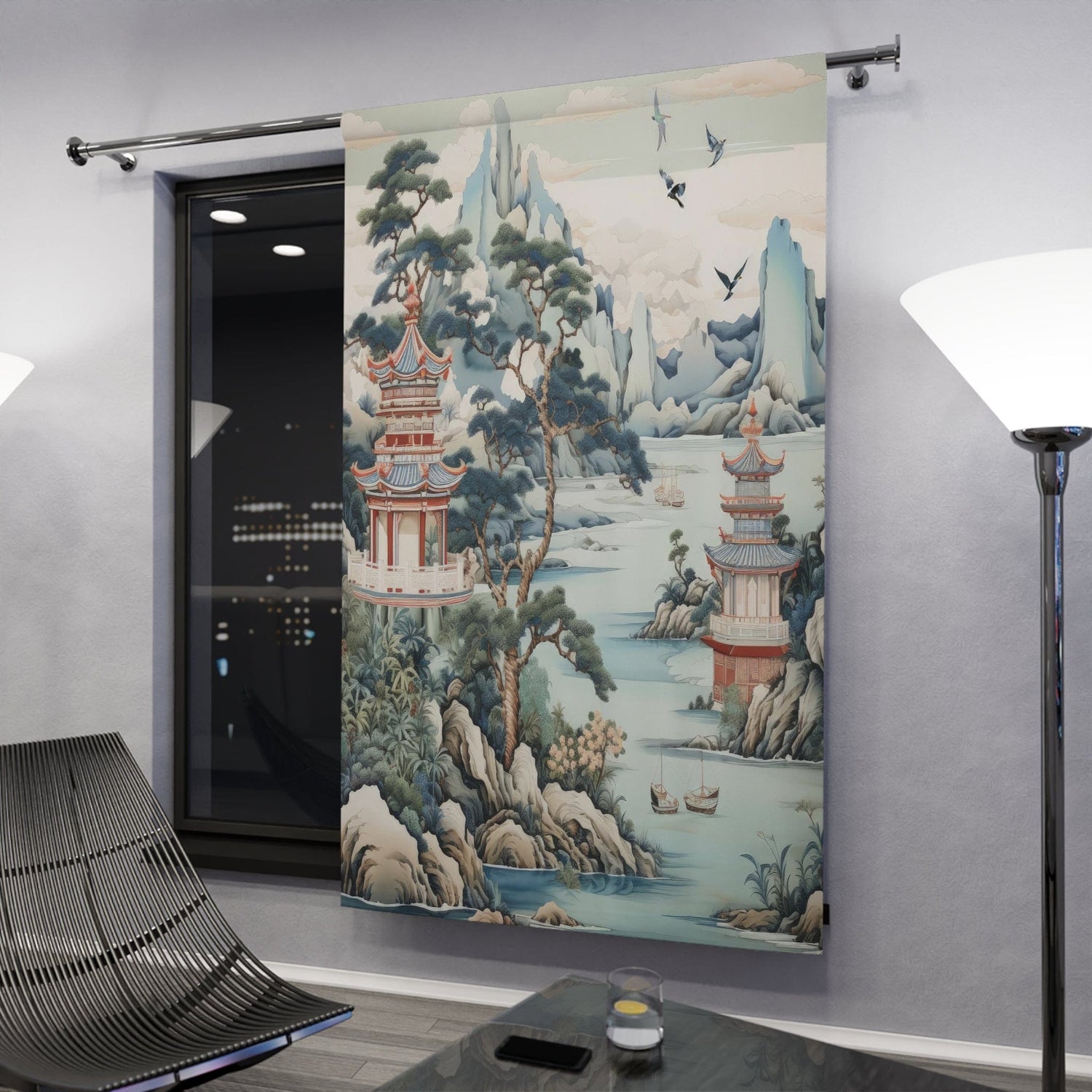 Kate McEnroe New York Chinoiserie Pagoda Landscape Floral Window Curtains, Country Farmhouse Grandmillenial Decor, Asian Country Scene Curtain Panels - 121081023Window CurtainsW3D - CHI - AI2 - SH2