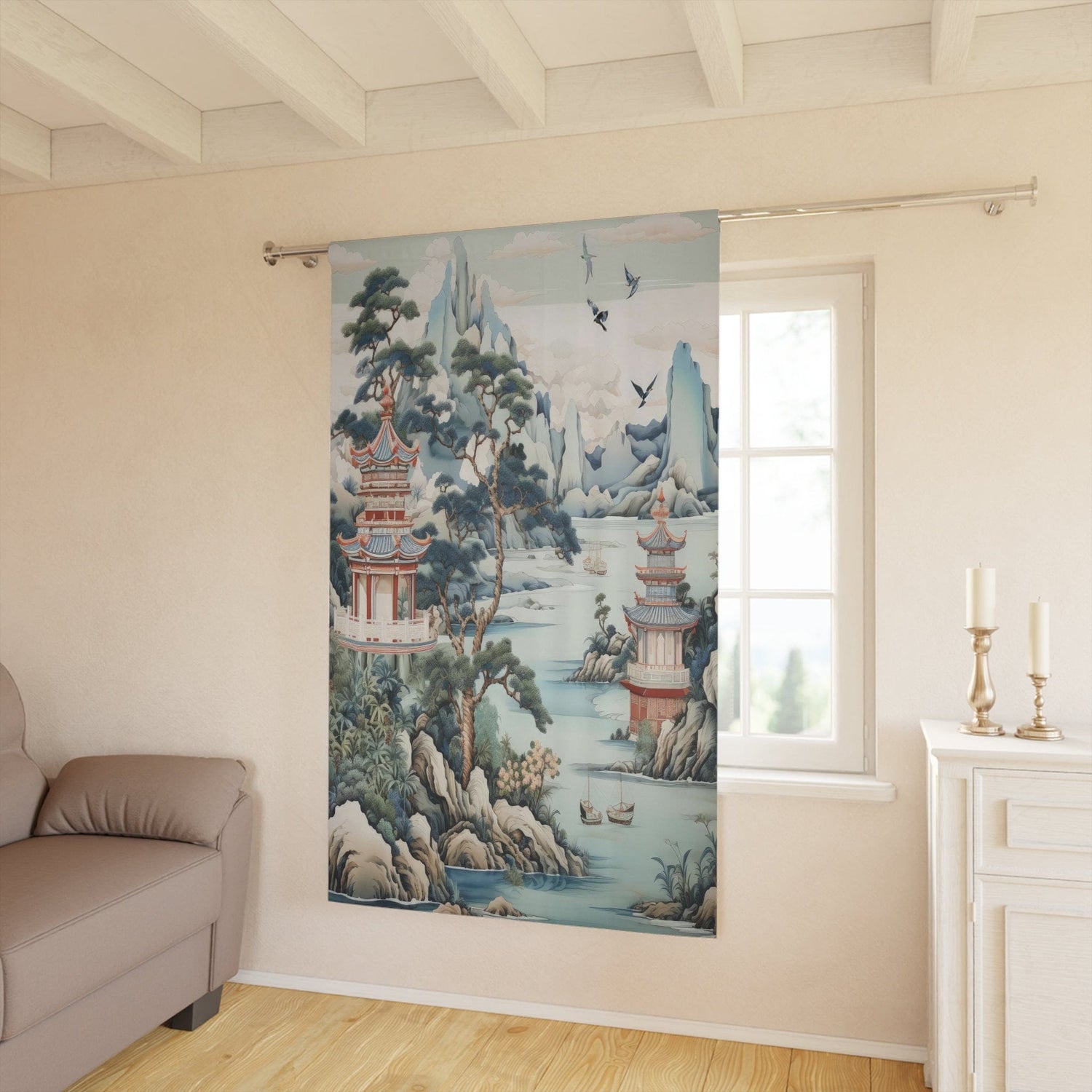 Kate McEnroe New York Chinoiserie Pagoda Landscape Floral Window Curtains, Country Farmhouse Grandmillenial Decor, Asian Country Scene Curtain Panels - 121081023Window CurtainsW3D - CHI - AI2 - SH2