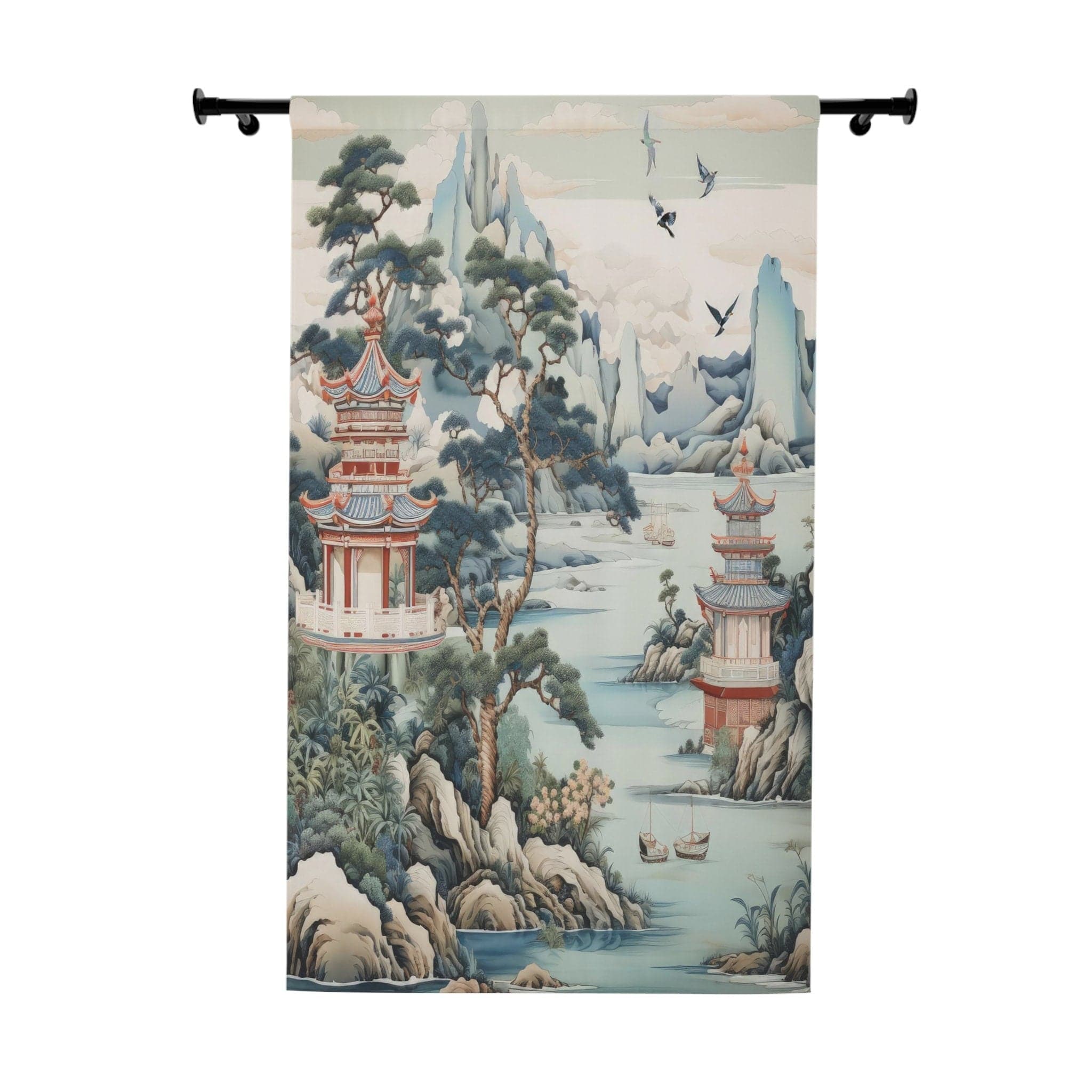 Kate McEnroe New York Chinoiserie Pagoda Landscape Floral Window Curtains, Country Farmhouse Grandmillenial Decor, Asian Country Scene Curtain Panels - 121081023Window CurtainsW3D - CHI - AI2 - SH2