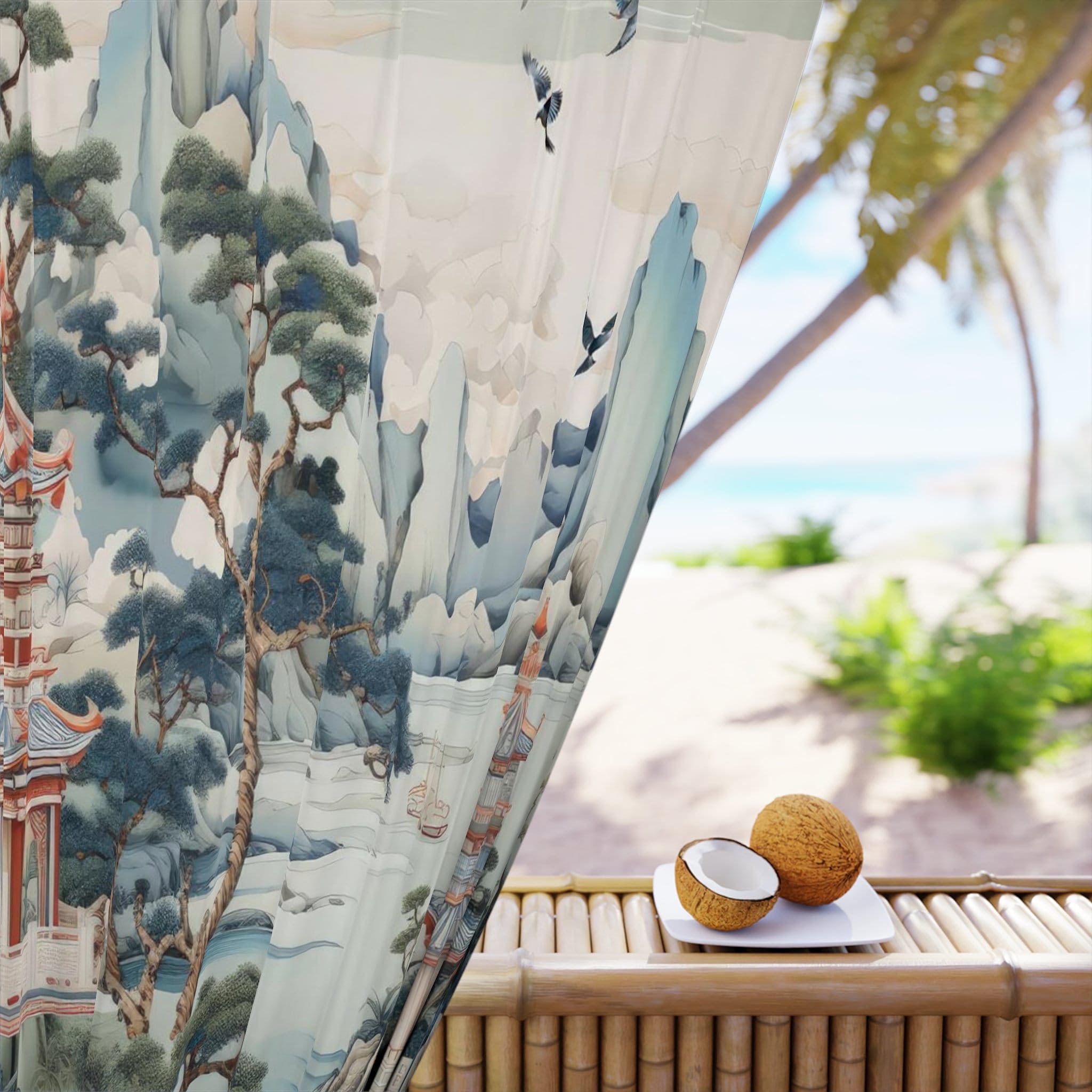 Kate McEnroe New York Chinoiserie Pagoda Landscape Floral Window Curtains, Country Farmhouse Grandmillenial Decor, Asian Country Scene Curtain Panels - 121081023Window CurtainsW3D - CHI - AI2 - SH2