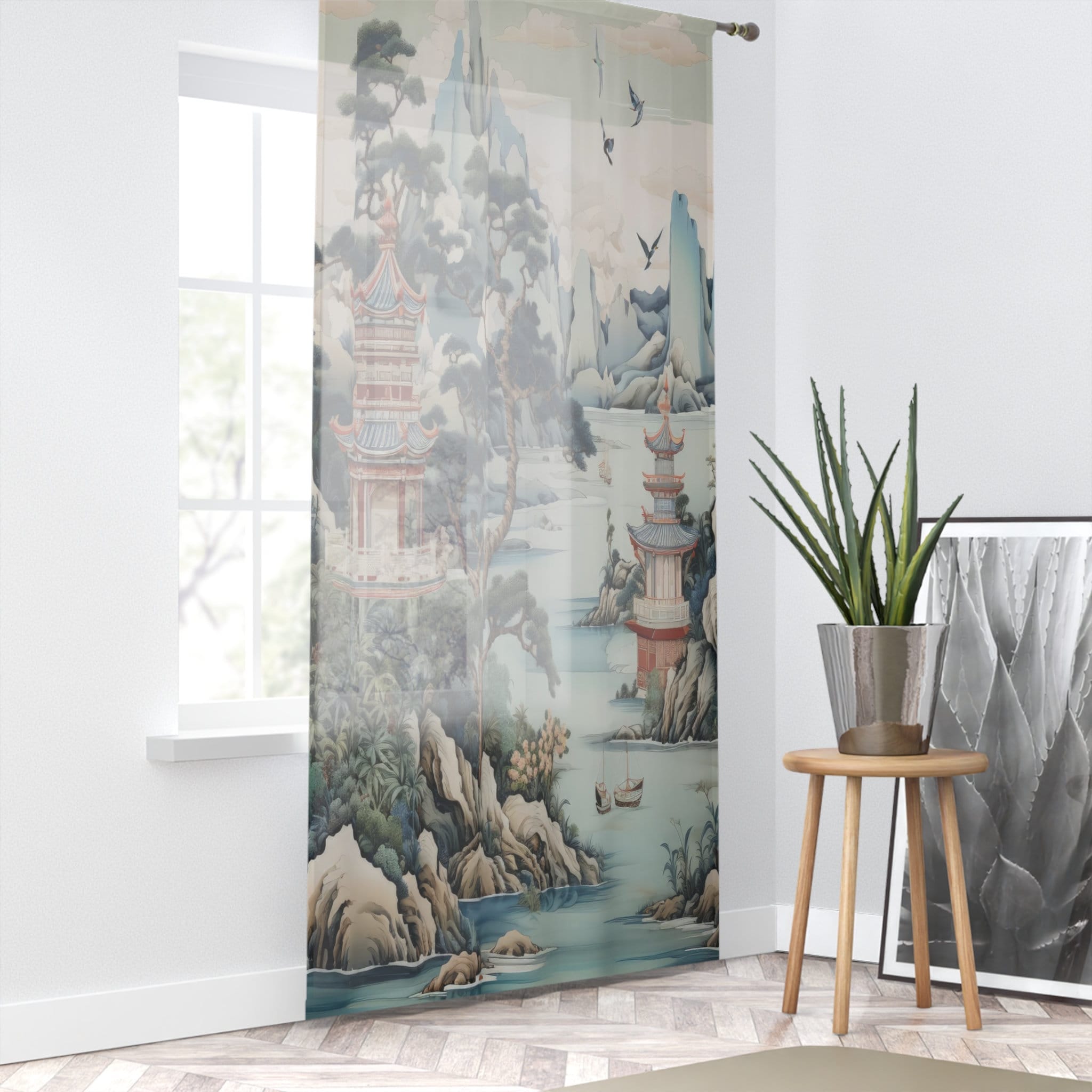 Kate McEnroe New York Chinoiserie Pagoda Landscape Floral Window Curtains, Country Farmhouse Grandmillenial Decor, Asian Country Scene Curtain Panels - 121081023Window CurtainsW3D - CHI - AI2 - SH2