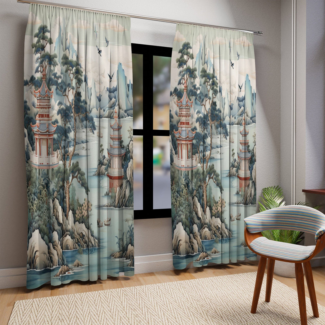 Kate McEnroe New York Chinoiserie Pagoda Landscape Floral Window Curtains, Country Farmhouse Grandmillenial Decor, Asian Country Scene Curtain Panels - 121081023Window CurtainsW3D - CHI - AI2 - SH2