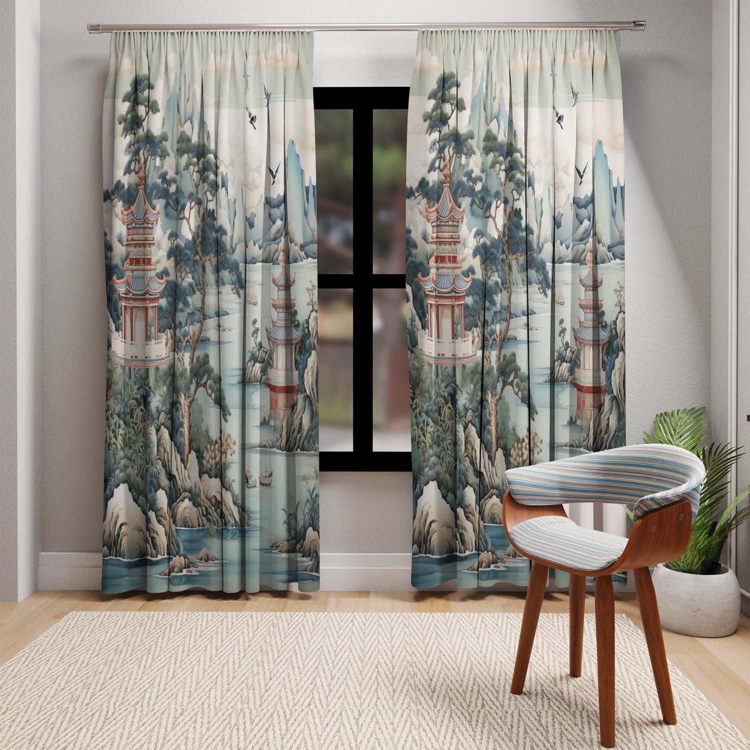 Kate McEnroe New York Chinoiserie Pagoda Landscape Floral Window Curtains, Country Farmhouse Grandmillenial Decor, Asian Country Scene Curtain Panels - 121081023Window CurtainsW3D - CHI - AI2 - SH2