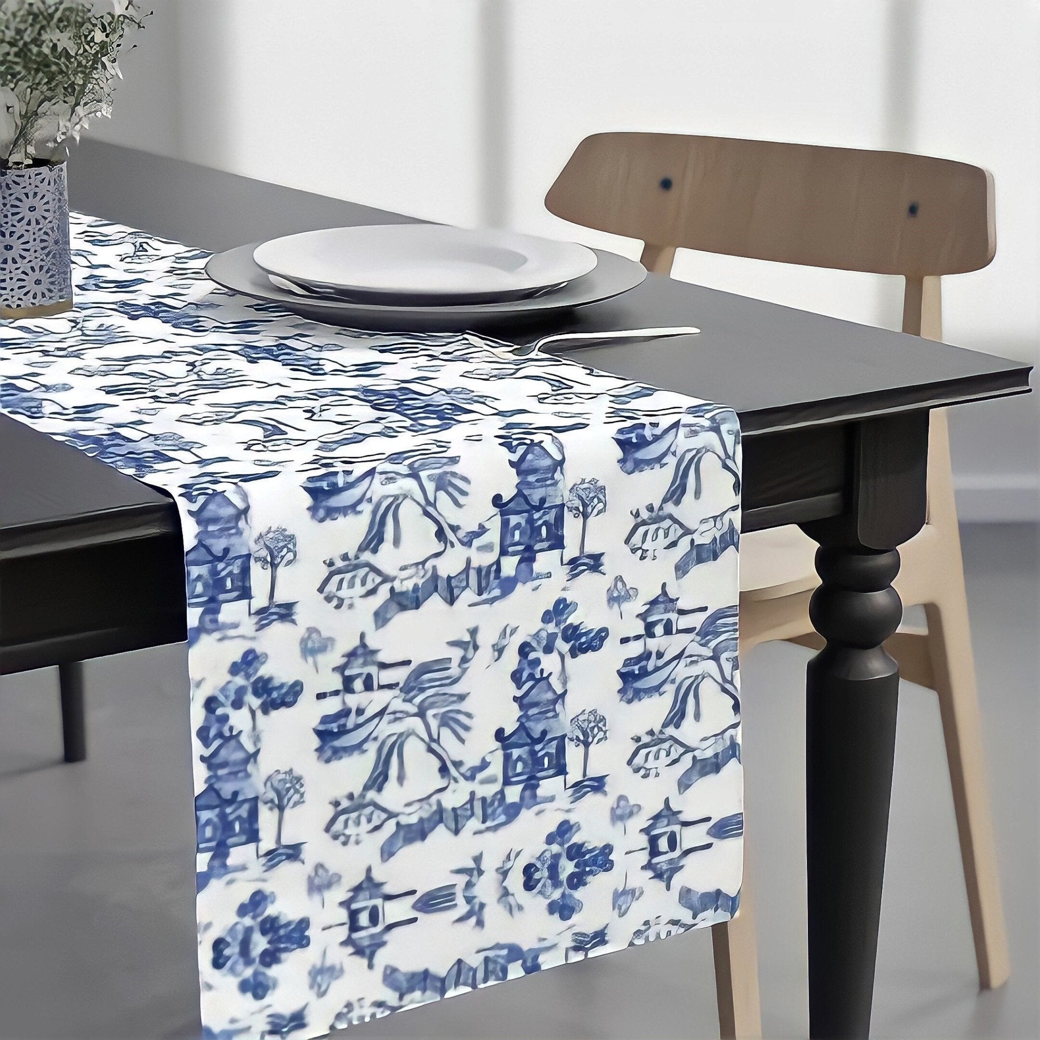 Kate McEnroe New York Chinoiserie Pagoda Landscape Table RunnerTable Runners19239983615865850417