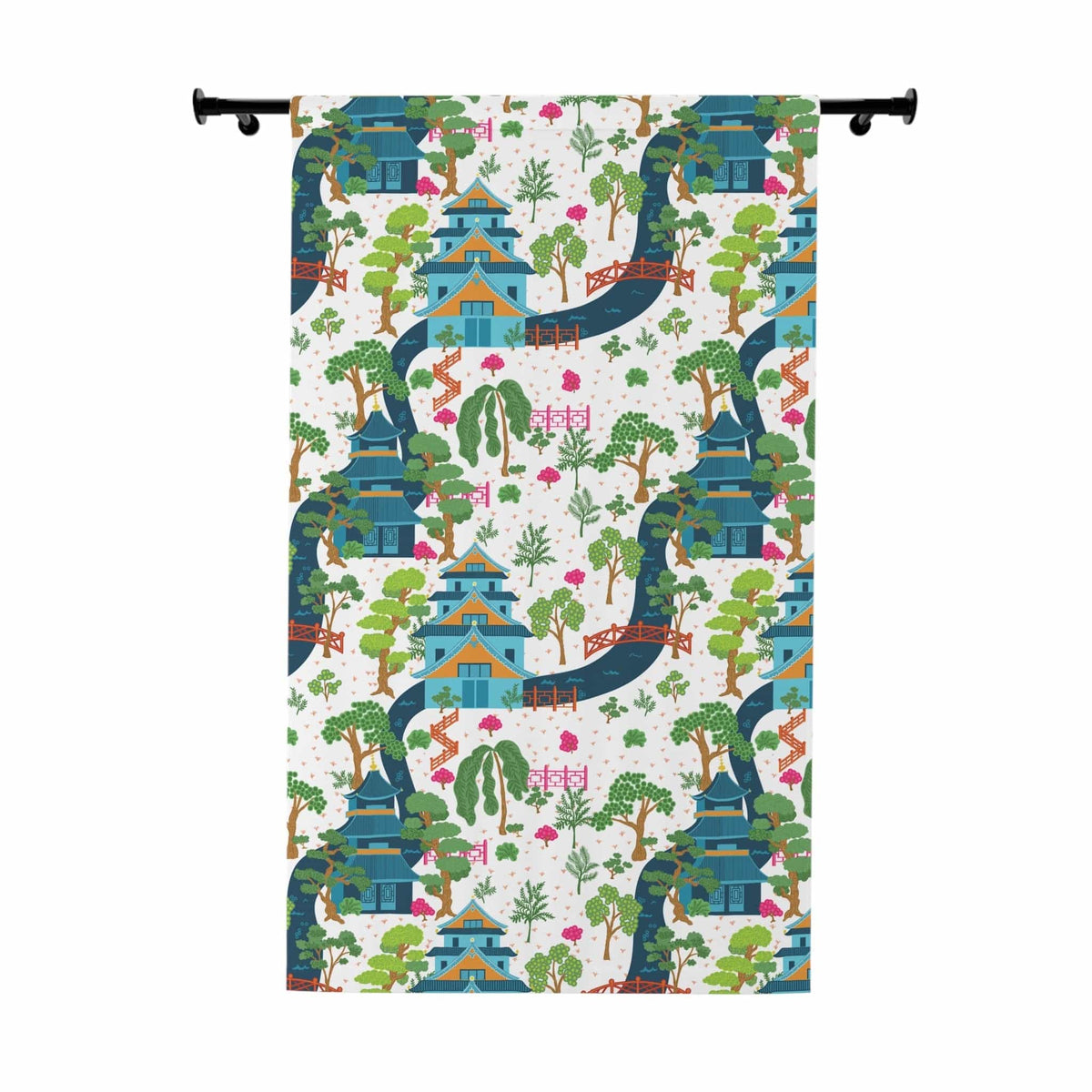 Kate McEnroe New York Chinoiserie Pagodas Botanical Toile Garden Curtains in Blue, White, Pink and Green by Kate McEnroe New York - KM13819923Window CurtainsW3S - CHI - MON - SH1