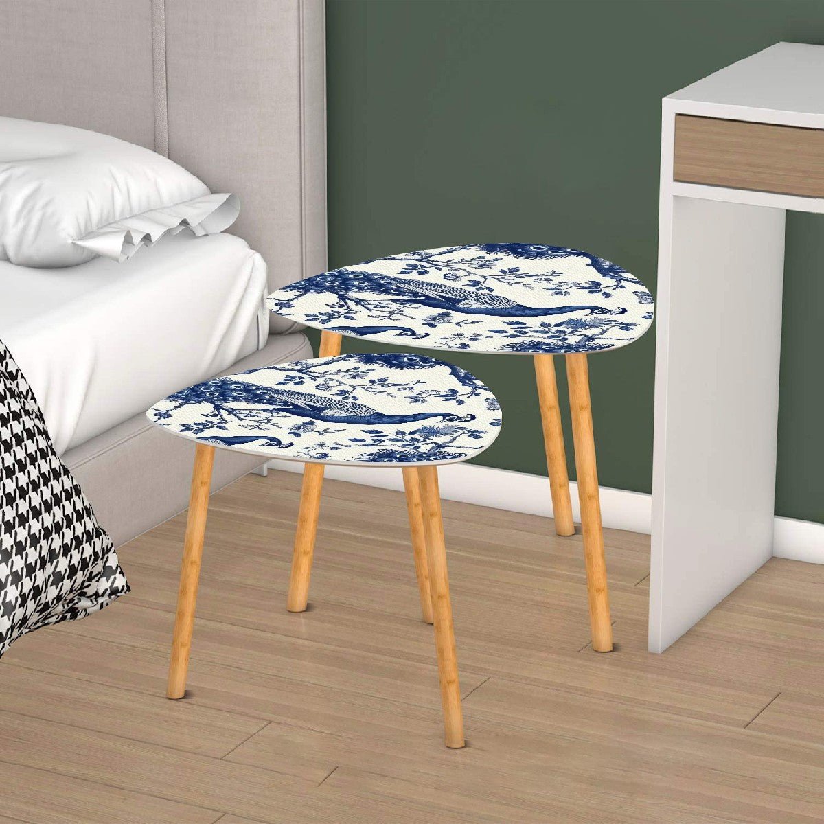 Kate McEnroe New York Chinoiserie Peacock Accent Tables, Blue and White Floral Decor, Elegant Nesting Coffee TablesAccent Tables2H0XVxzzG2