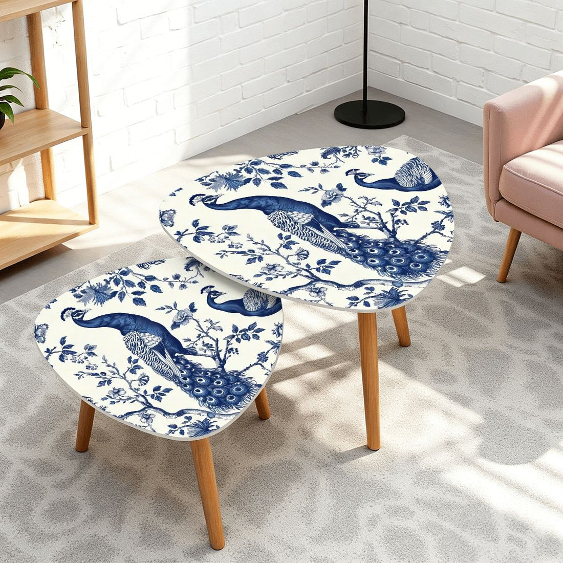 Kate McEnroe New York Chinoiserie Peacock Accent Tables, Blue and White Floral Decor, Elegant Nesting Coffee TablesNesting Tables2H0XVxzzG2