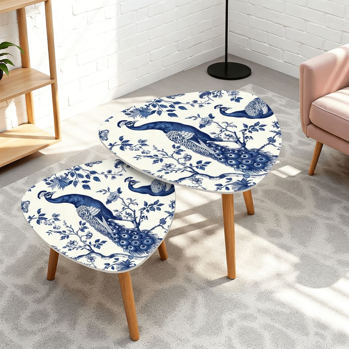Kate McEnroe New York Chinoiserie Peacock Accent Tables, Blue and White Floral Decor, Elegant Nesting Coffee TablesNesting Tables2H0XVxzzG2