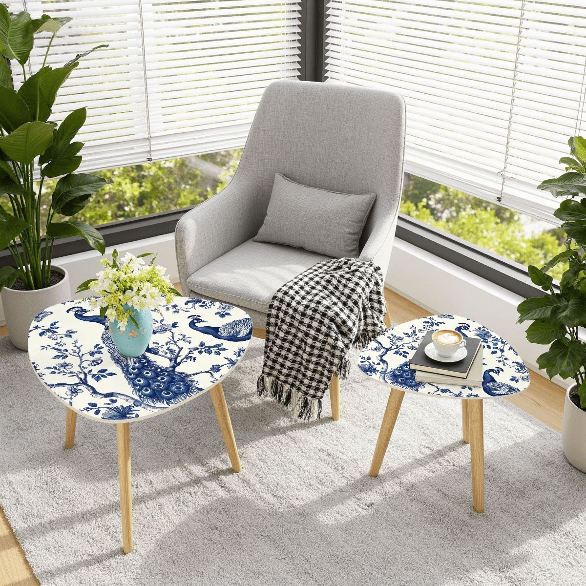 Kate McEnroe New York Chinoiserie Peacock Accent Tables, Blue and White Floral Decor, Elegant Nesting Coffee TablesNesting Tables2H0XVxzzG2