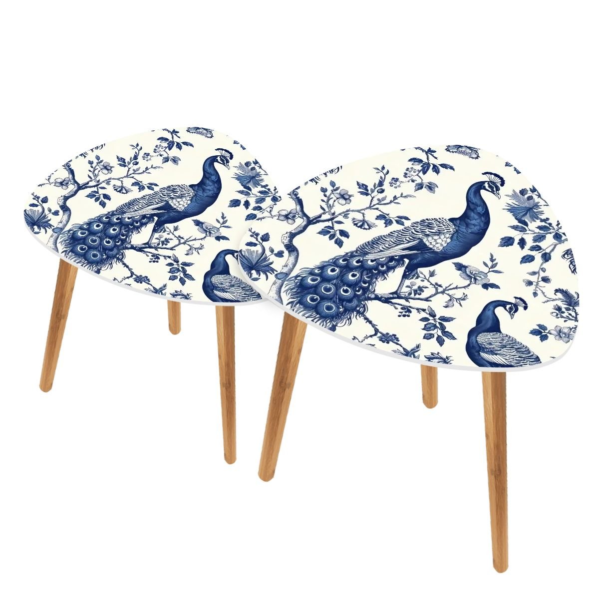 Kate McEnroe New York Chinoiserie Peacock Accent Tables, Blue and White Floral Decor, Elegant Nesting Coffee TablesNesting Tables2H0XVxzzG2
