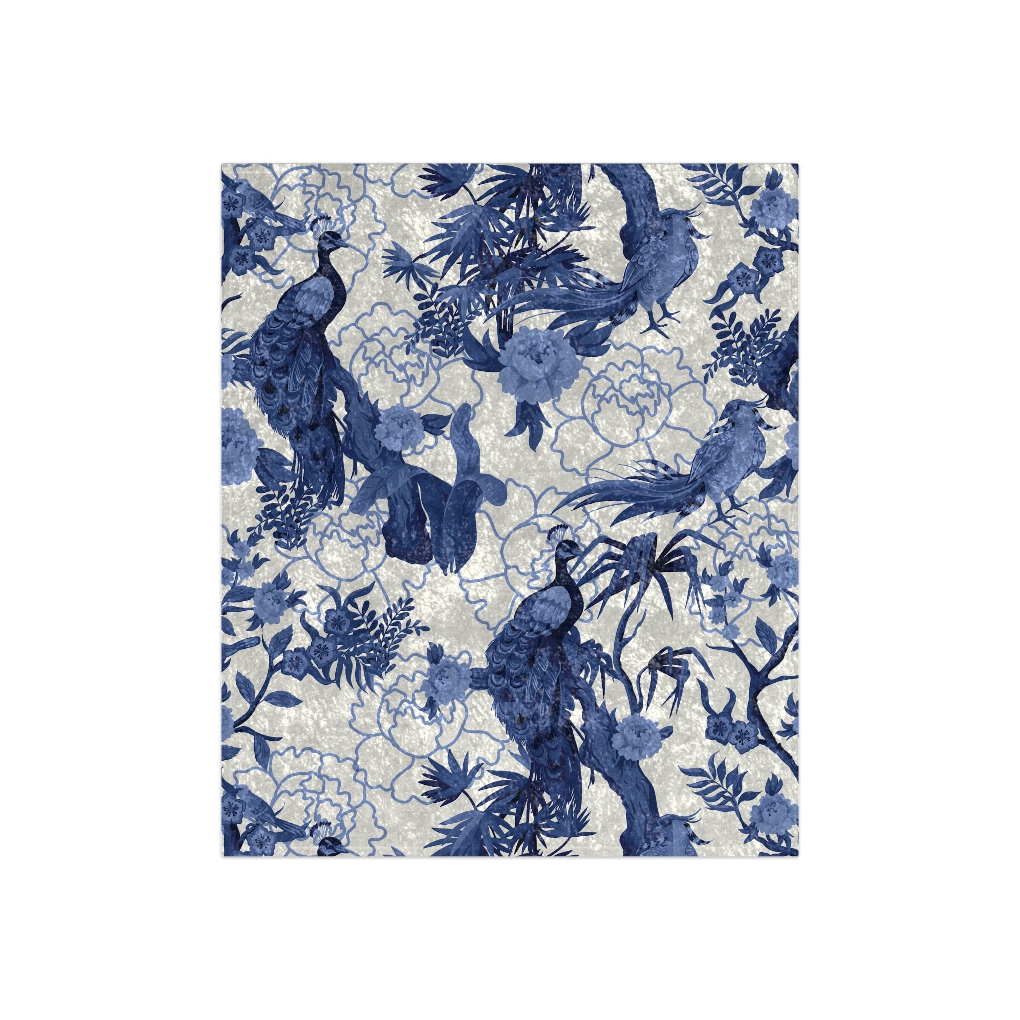 Kate McEnroe New York Chinoiserie Peacock Crushed Velvet Blanket, Blue and White Maximalist Blanket, Floral Asian - Inspired Grandmillenial Throw BlanketBlankets29609810286096116809