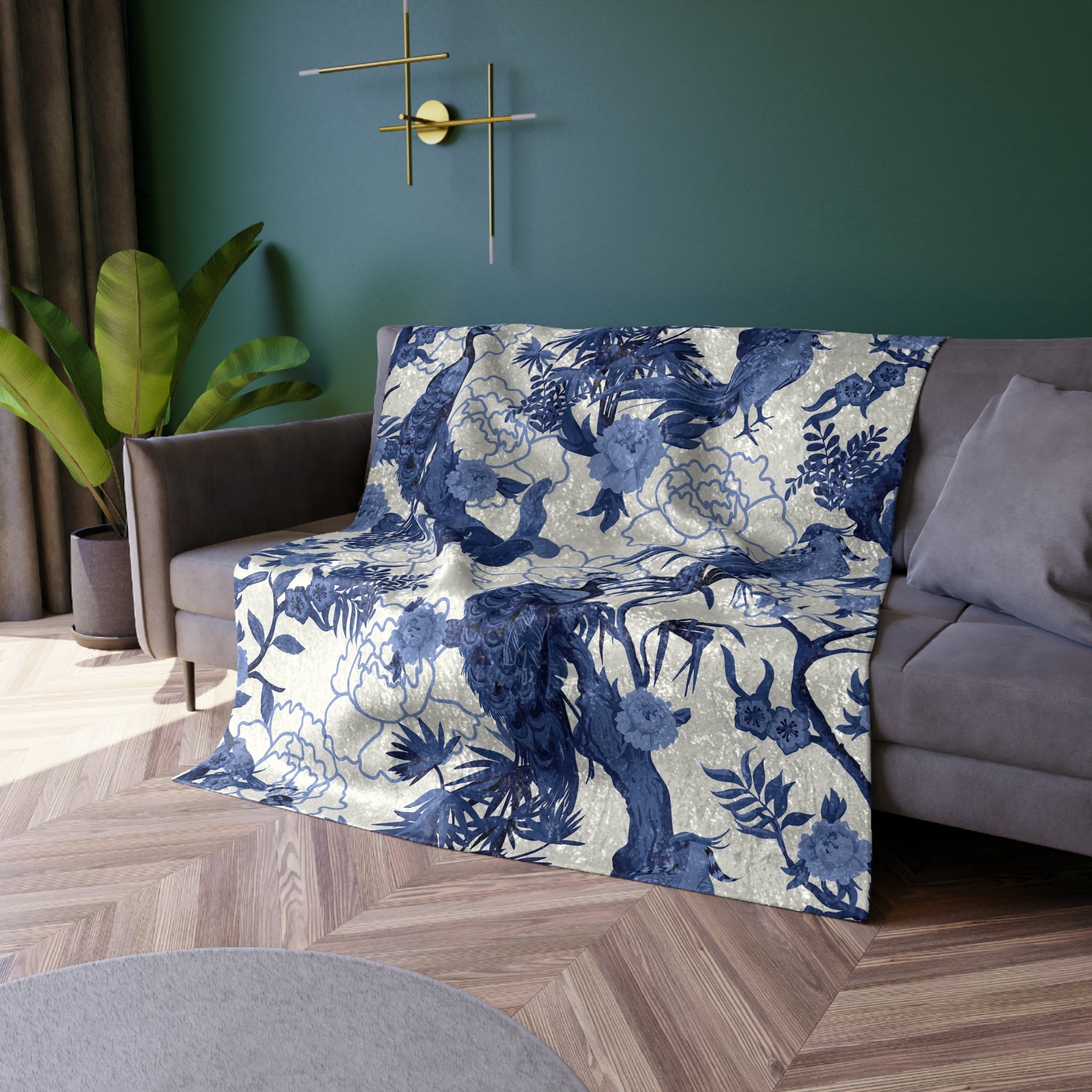 Kate McEnroe New York Chinoiserie Peacock Crushed Velvet Blanket, Blue and White Maximalist Blanket, Floral Asian - Inspired Grandmillenial Throw BlanketBlankets29609810286096116809
