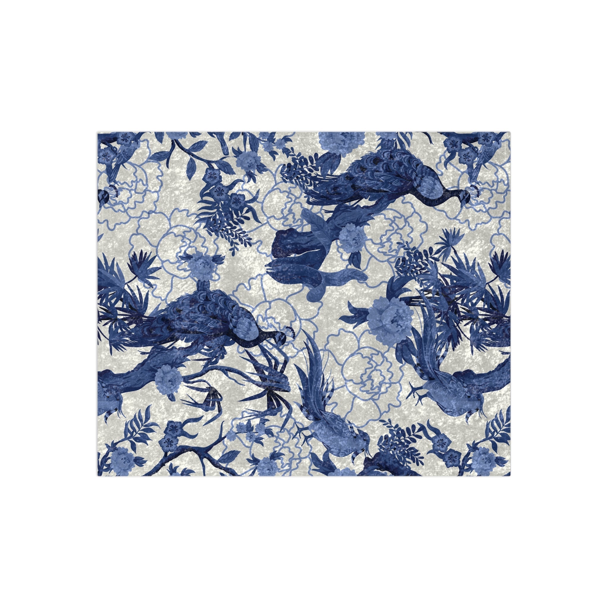 Kate McEnroe New York Chinoiserie Peacock Crushed Velvet Blanket, Blue and White Maximalist Blanket, Floral Asian - Inspired Grandmillenial Throw BlanketBlankets29609810286096116809