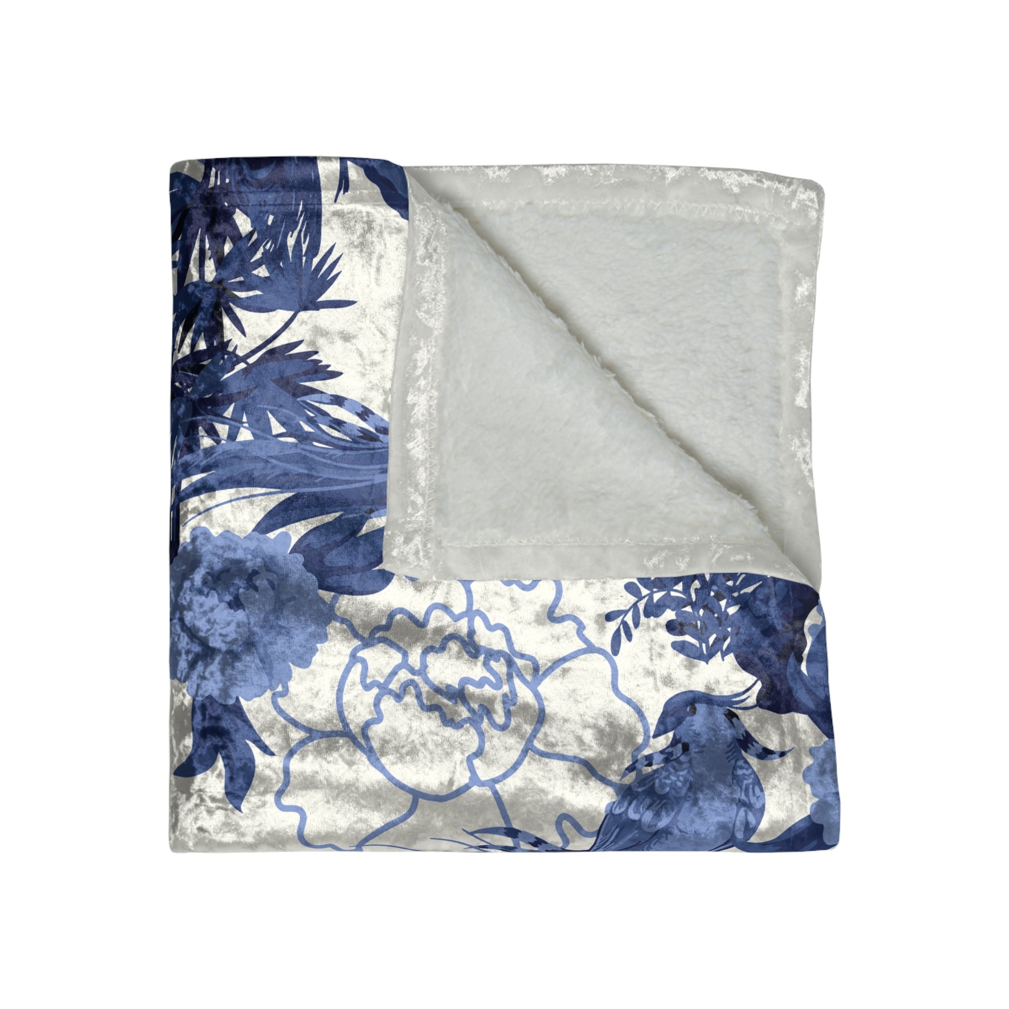 Kate McEnroe New York Chinoiserie Peacock Crushed Velvet Blanket, Blue and White Maximalist Blanket, Floral Asian - Inspired Grandmillenial Throw BlanketBlankets29609810286096116809