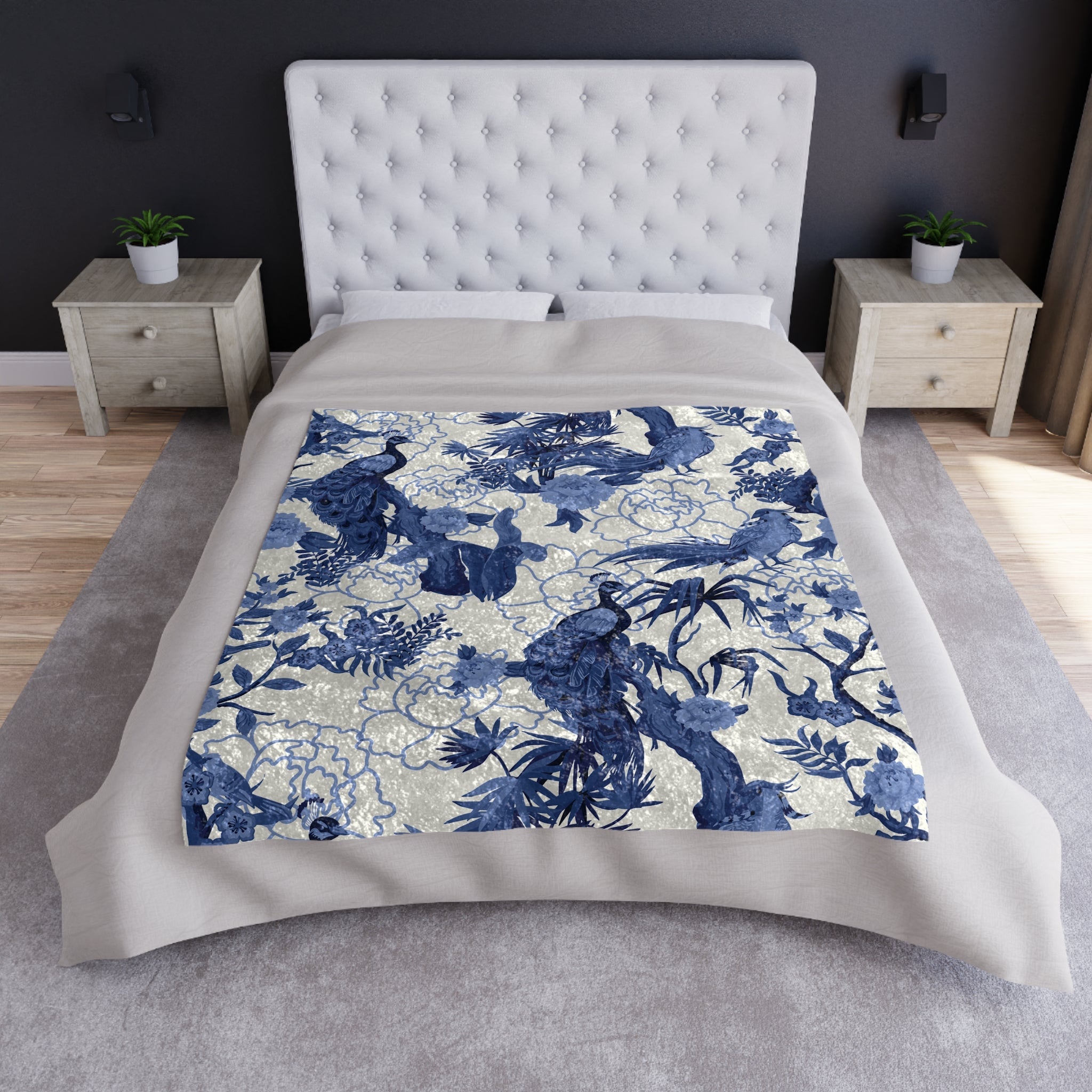 Kate McEnroe New York Chinoiserie Peacock Crushed Velvet Blanket, Blue and White Maximalist Blanket, Floral Asian - Inspired Grandmillenial Throw BlanketBlankets29609810286096116809