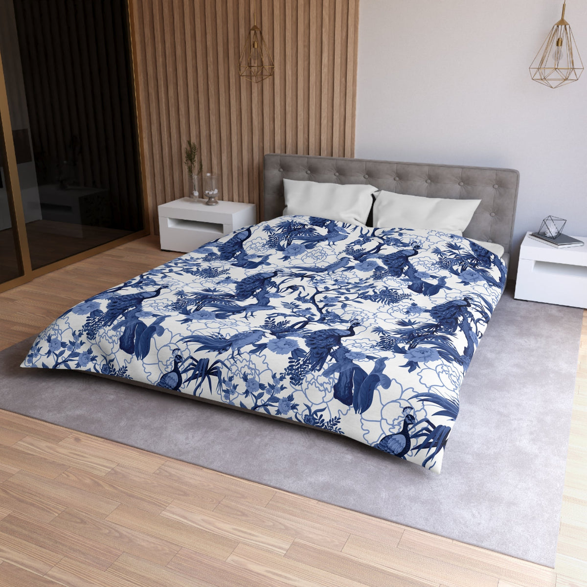 Kate McEnroe New York Chinoiserie Peacock Duvet Cover, Blue Floral Bedding, Elegant Bedroom Decor, Asian BeddingDuvet Covers10690694362860719549
