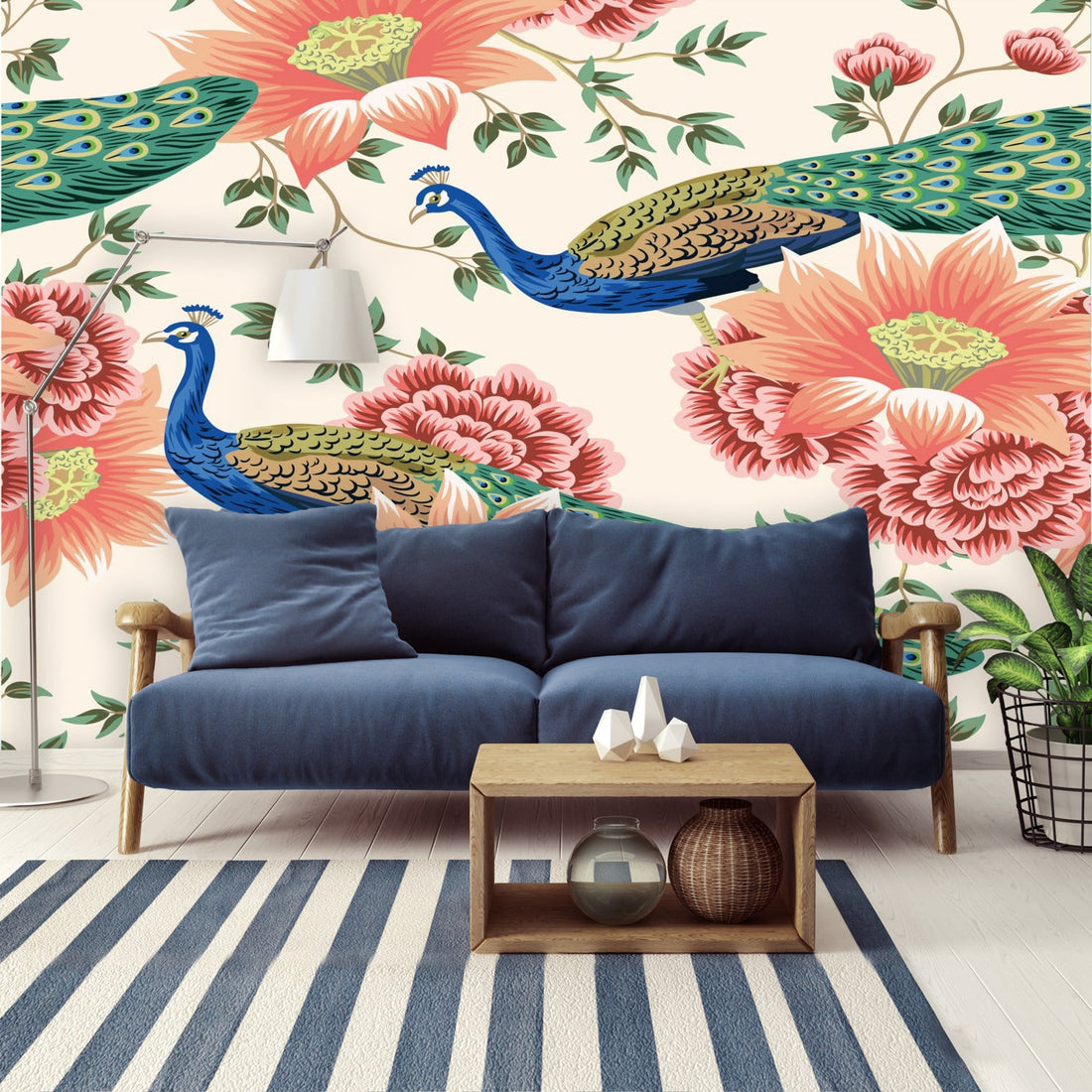 Kate McEnroe New York Chinoiserie Peacock Peach Cream Floral Wall Mural, Elegant Botanical Accent DecorWall Mural116355