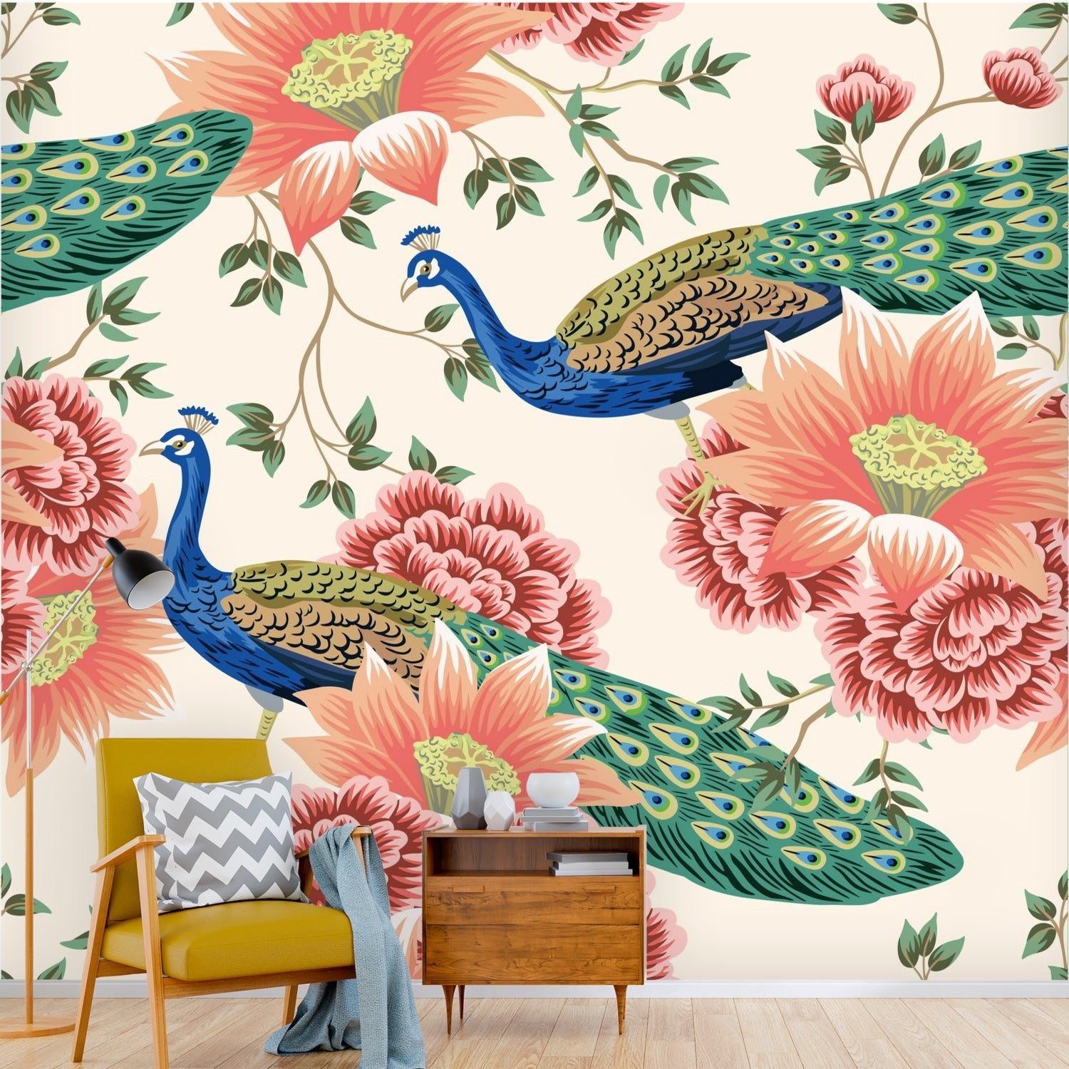 Kate McEnroe New York Chinoiserie Peacock Peach Cream Floral Wall Mural, Elegant Botanical Accent DecorWall Mural116356