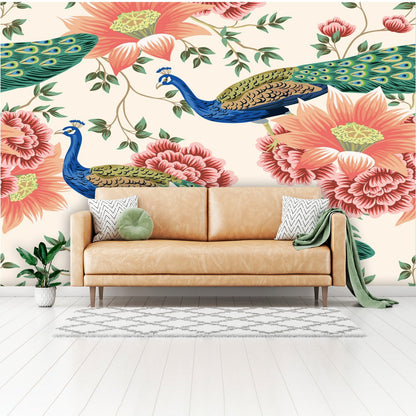 Kate McEnroe New York Chinoiserie Peacock Peach Cream Floral Wall Mural, Elegant Botanical Accent DecorWall Mural116357