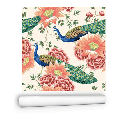 Kate McEnroe New York Chinoiserie Peacock Peach Cream Floral Wall Mural, Elegant Botanical Accent DecorWall Mural116358