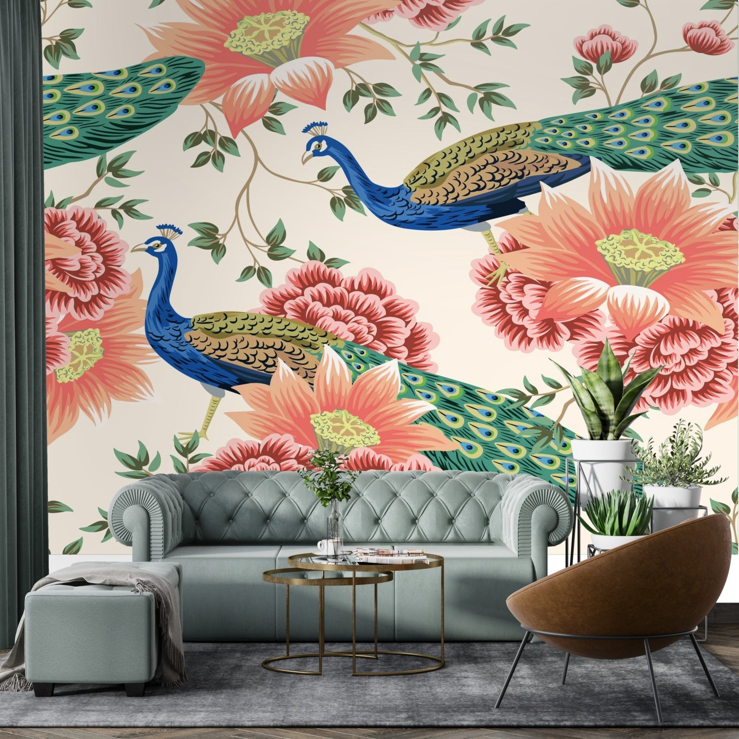 Kate McEnroe New York Chinoiserie Peacock Peach Cream Floral Wall Mural, Elegant Botanical Accent DecorWall Mural116359