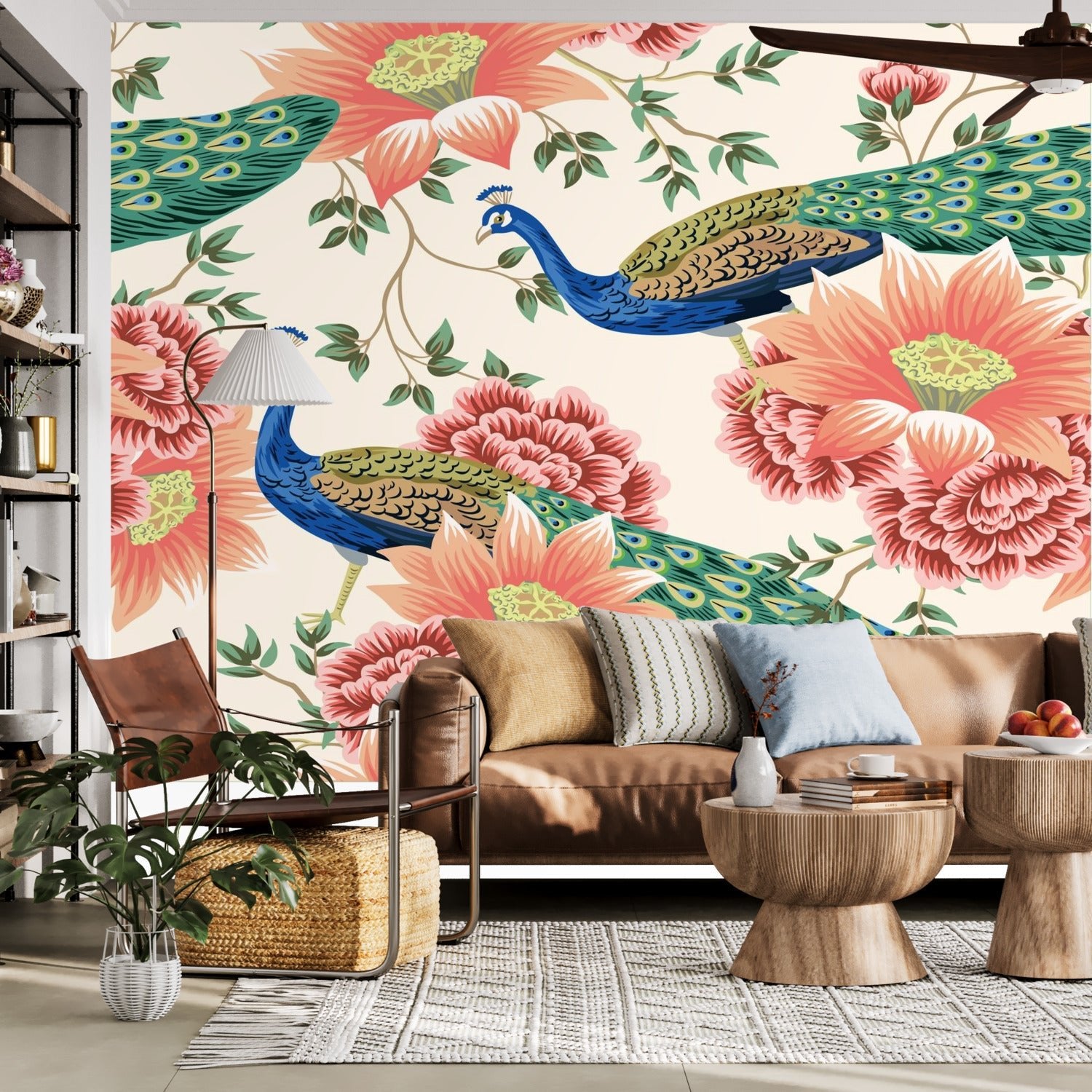 Kate McEnroe New York Chinoiserie Peacock Peach Cream Floral Wall Mural, Elegant Botanical Accent DecorWall Mural116361