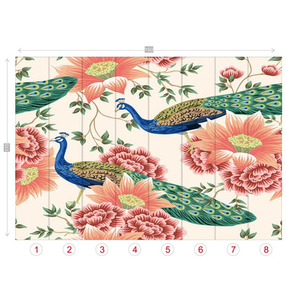 Kate McEnroe New York Chinoiserie Peacock Peach Cream Floral Wall Mural, Elegant Botanical Accent DecorWall Mural116364