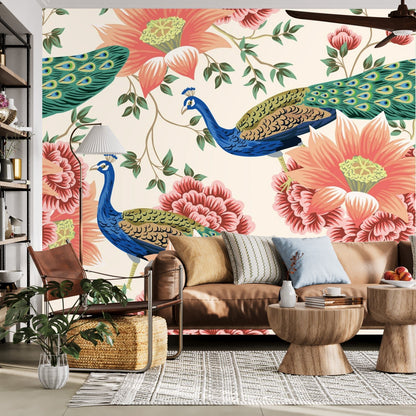 Kate McEnroe New York Chinoiserie Peacock Peach Cream Floral Wall Mural, Elegant Botanical Accent DecorWall Mural116364