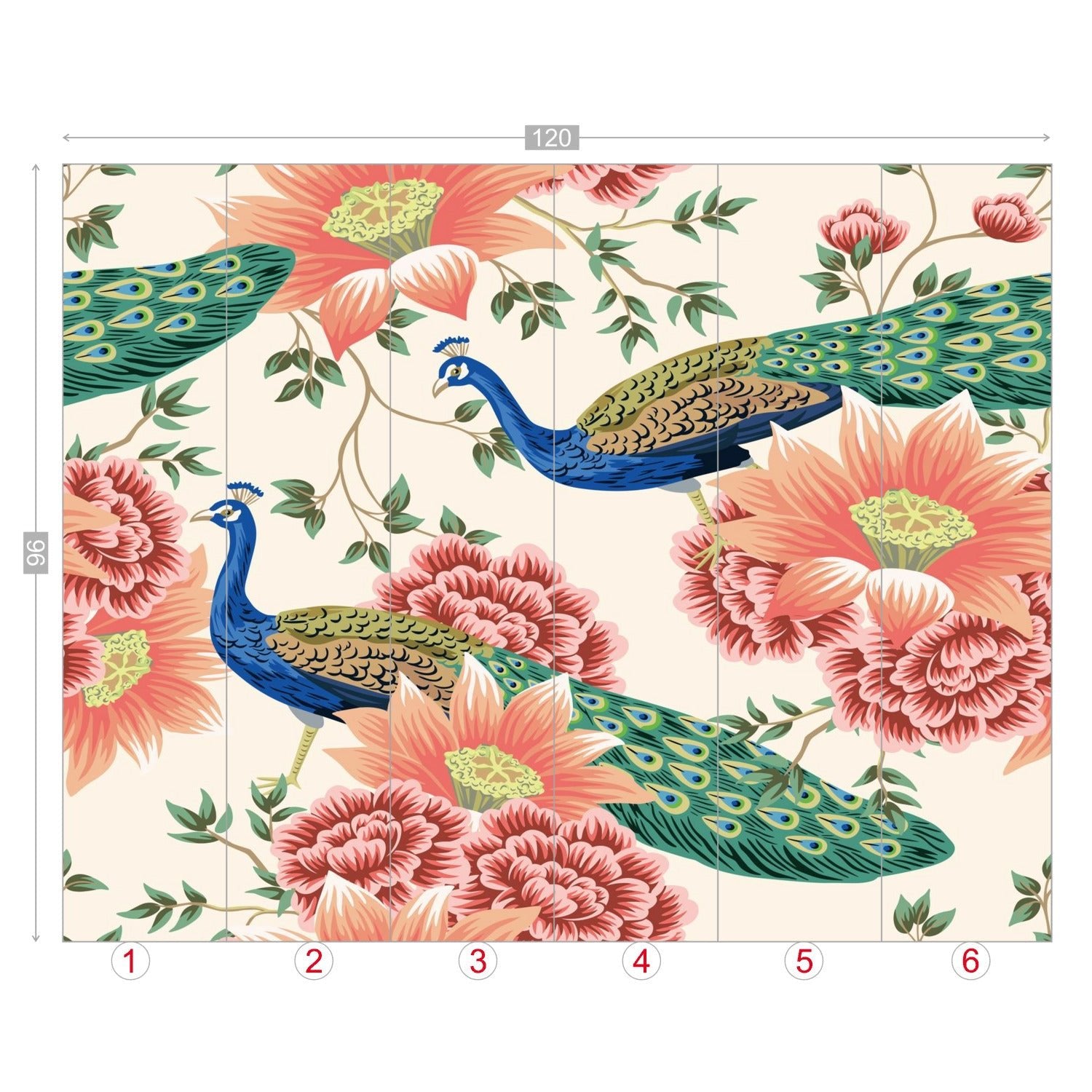 Kate McEnroe New York Chinoiserie Peacock Peach Cream Floral Wall Mural, Elegant Botanical Accent DecorWall Mural116364