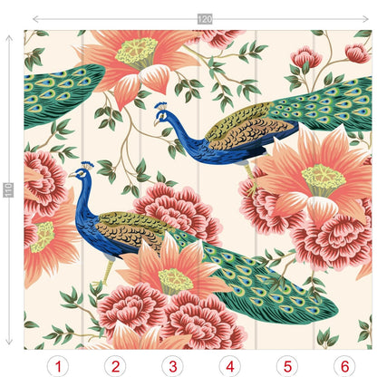 Kate McEnroe New York Chinoiserie Peacock Peach Cream Floral Wall Mural, Elegant Botanical Accent DecorWall Mural116364