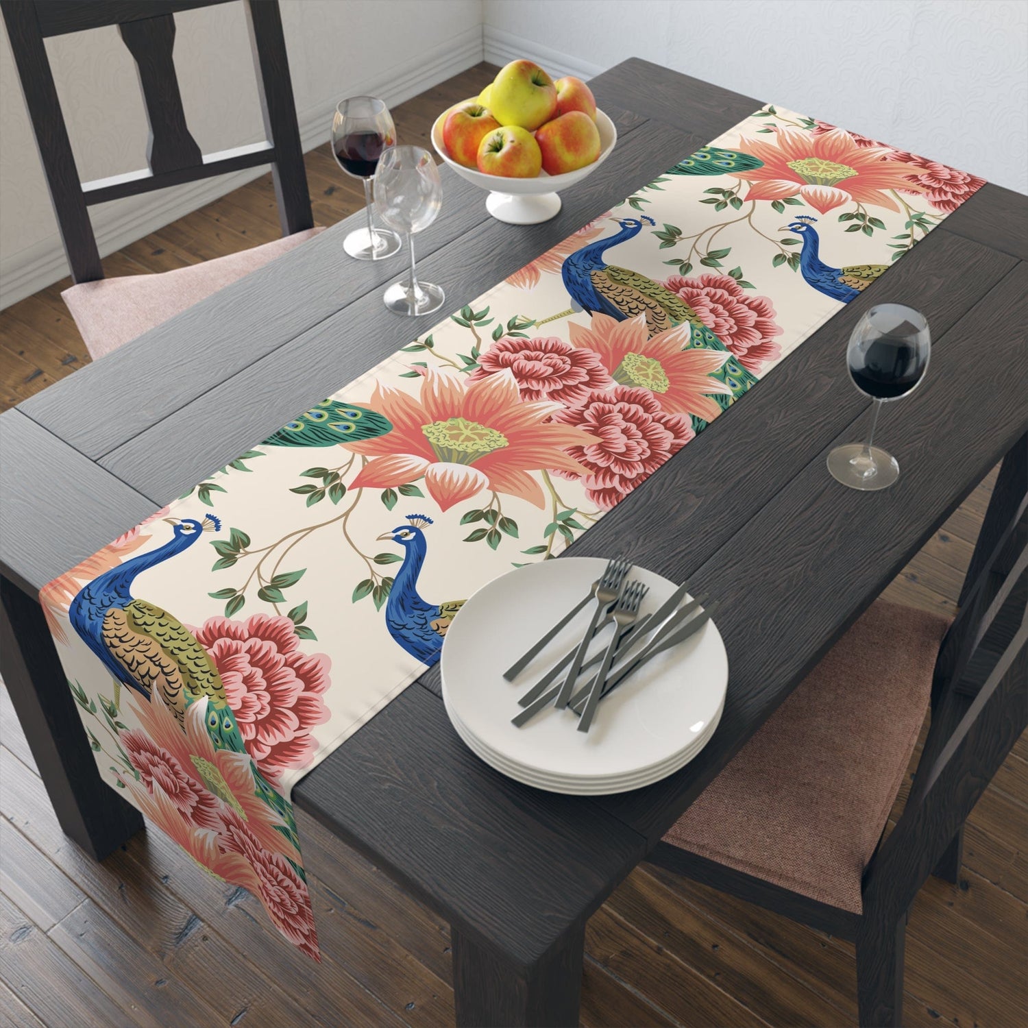 Kate McEnroe New York Chinoiserie Peacock Table Runner, Peach, Cream Floral, Elegant Dining Decor Table Runners 16&quot; × 72&quot; / Cotton Twill 16852137668810750576
