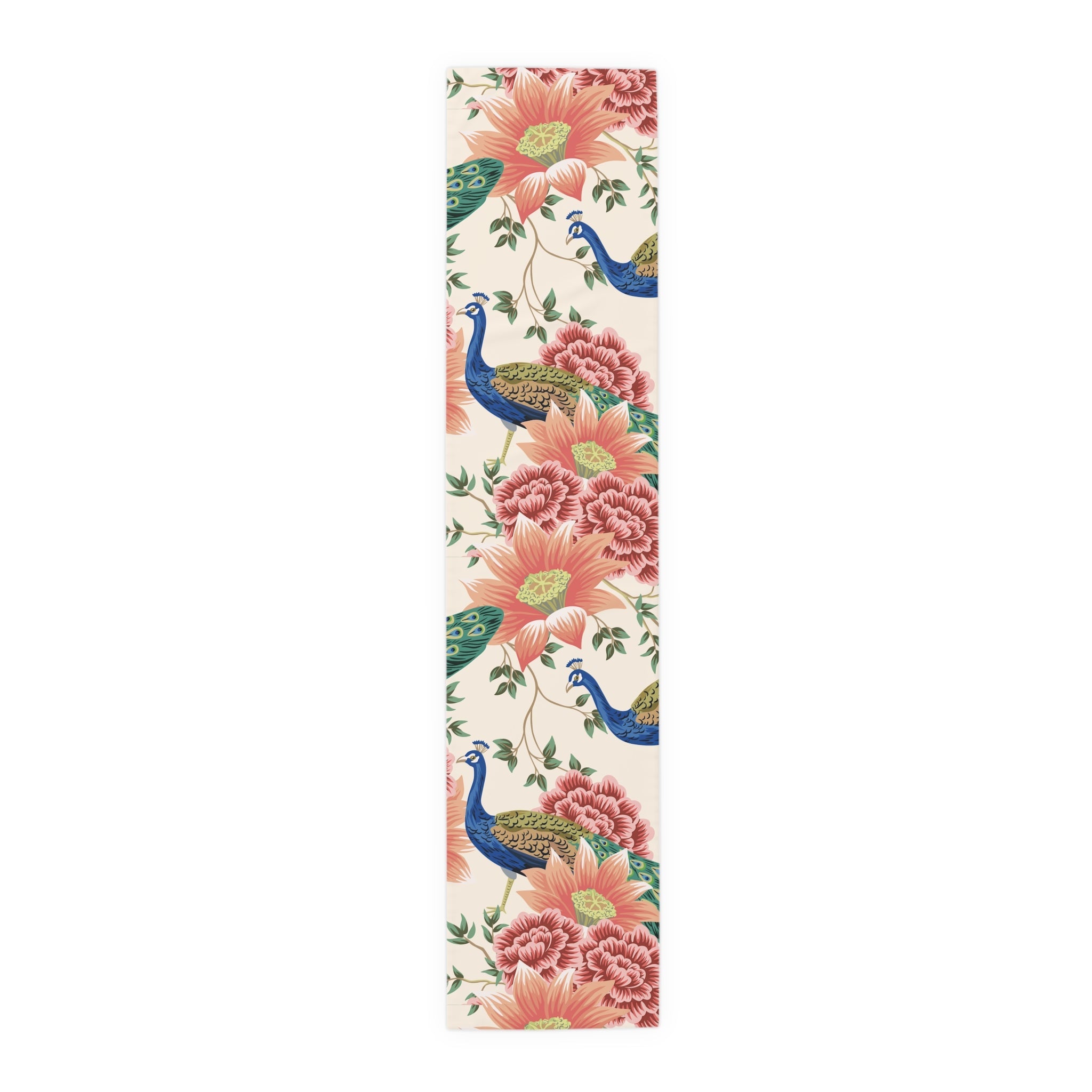 Kate McEnroe New York Chinoiserie Peacock Table Runner, Peach, Cream Floral, Elegant Dining DecorTable Runners10297556283528068246