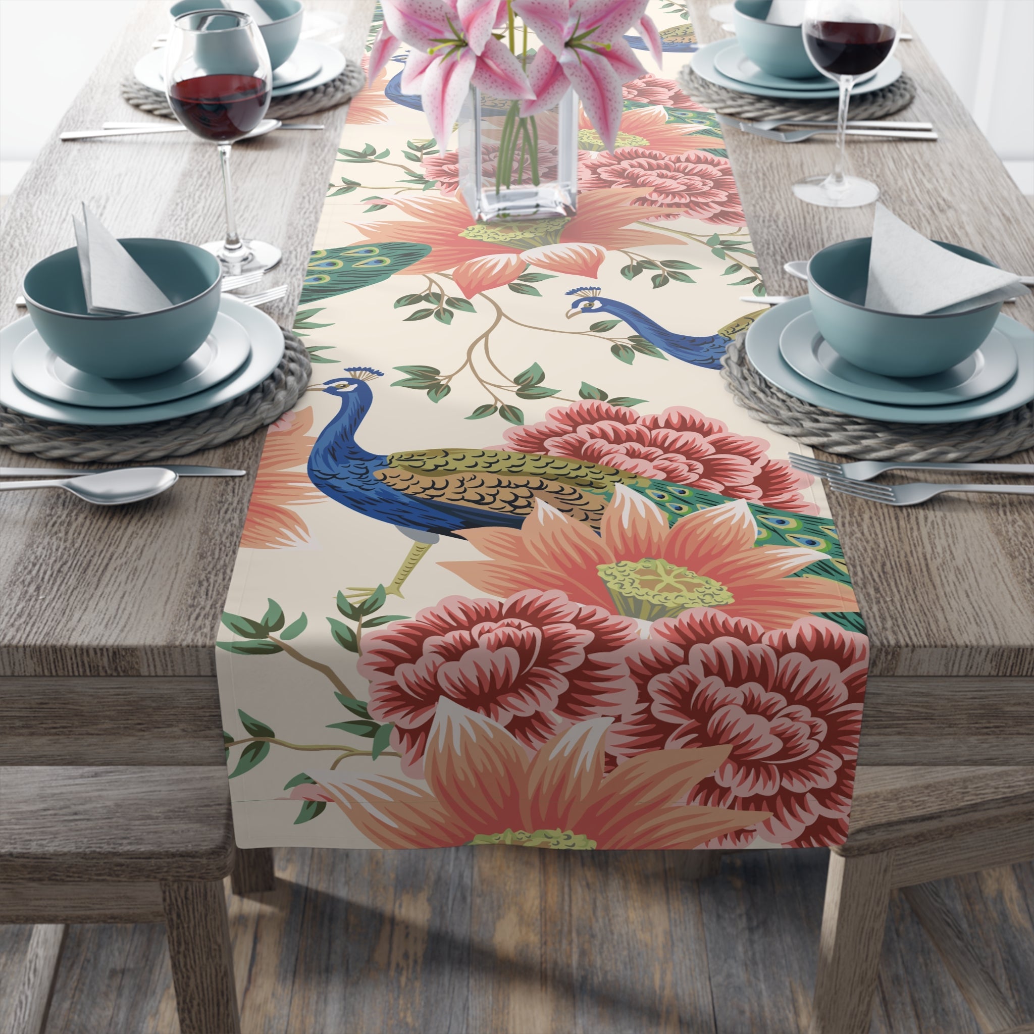 Kate McEnroe New York Chinoiserie Peacock Table Runner, Peach, Cream Floral, Elegant Dining DecorTable Runners10297556283528068246