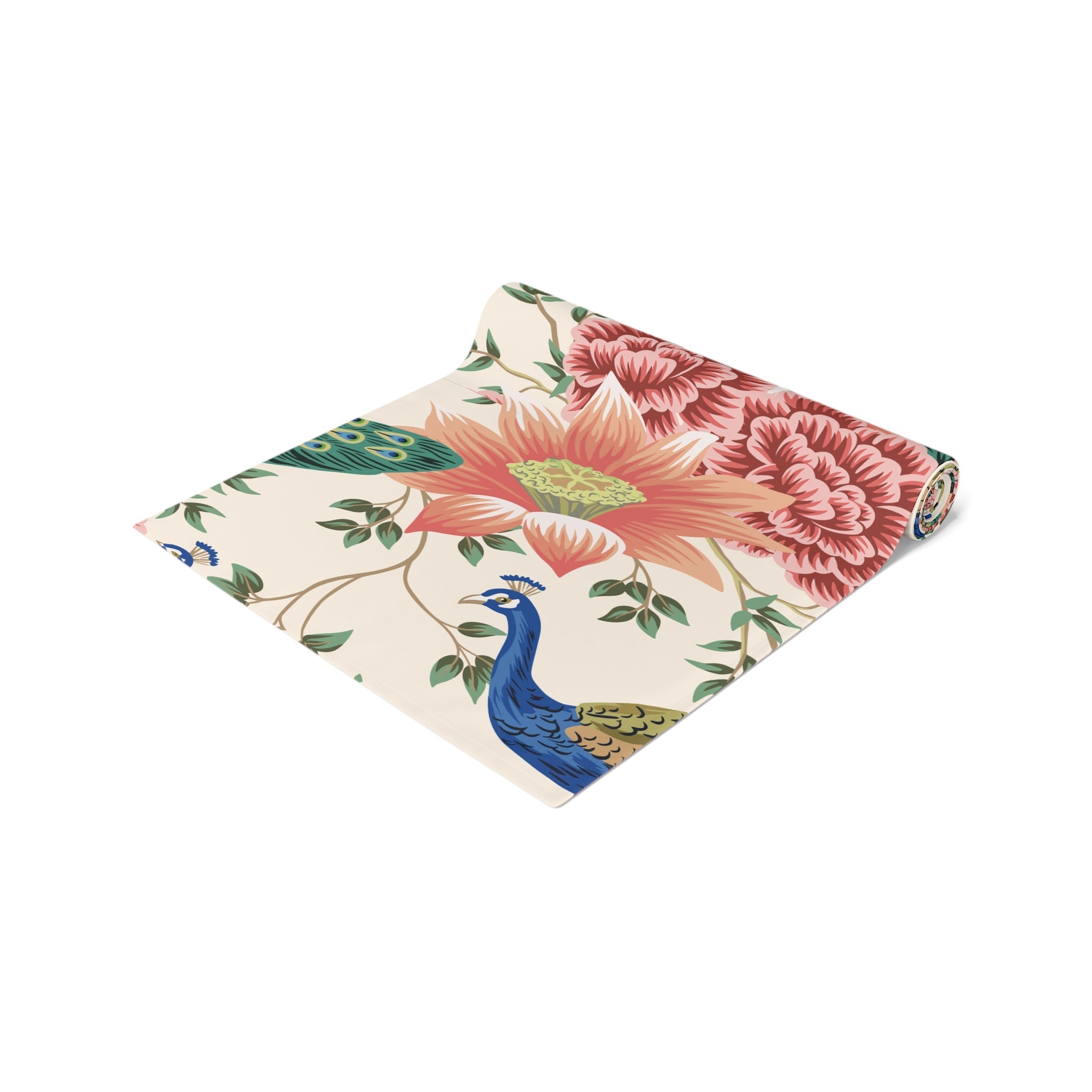 Kate McEnroe New York Chinoiserie Peacock Table Runner, Peach, Cream Floral, Elegant Dining DecorTable Runners10297556283528068246