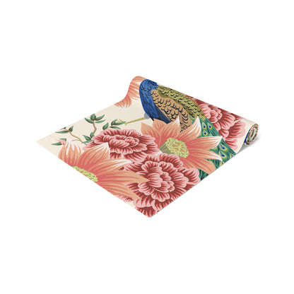 Kate McEnroe New York Chinoiserie Peacock Table Runner, Peach, Cream Floral, Elegant Dining DecorTable Runners10297556283528068246