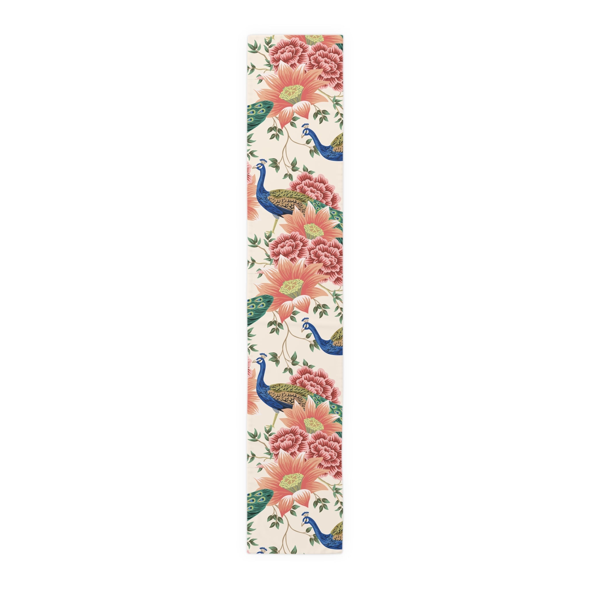 Kate McEnroe New York Chinoiserie Peacock Table Runner, Peach, Cream Floral, Elegant Dining DecorTable Runners10297556283528068246