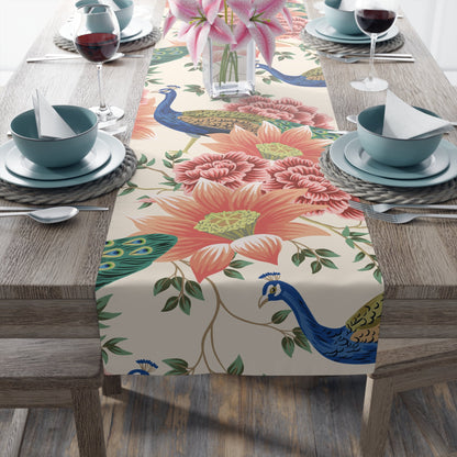 Kate McEnroe New York Chinoiserie Peacock Table Runner, Peach, Cream Floral, Elegant Dining DecorTable Runners10297556283528068246