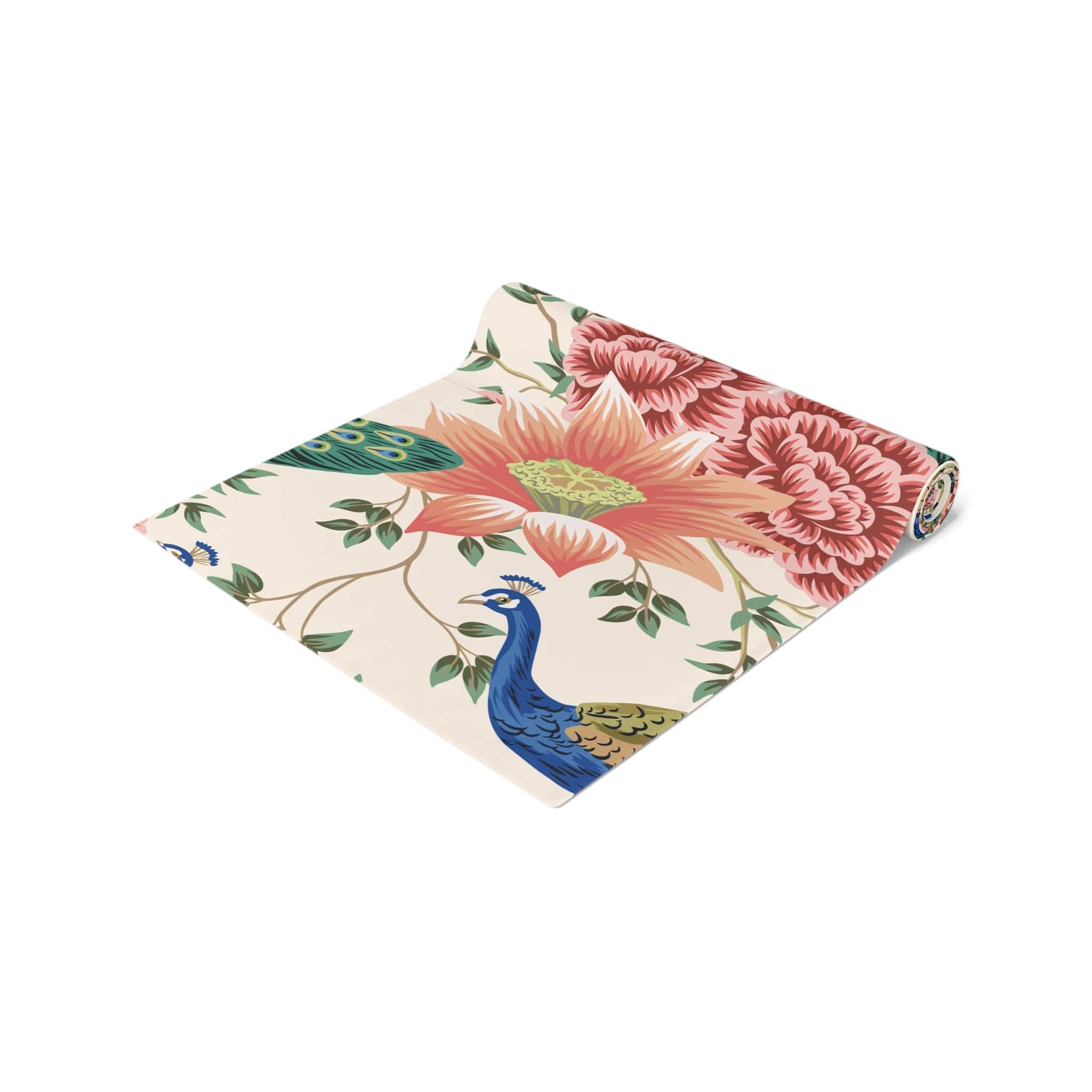 Kate McEnroe New York Chinoiserie Peacock Table Runner, Peach, Cream Floral, Elegant Dining DecorTable Runners16852137668810750576