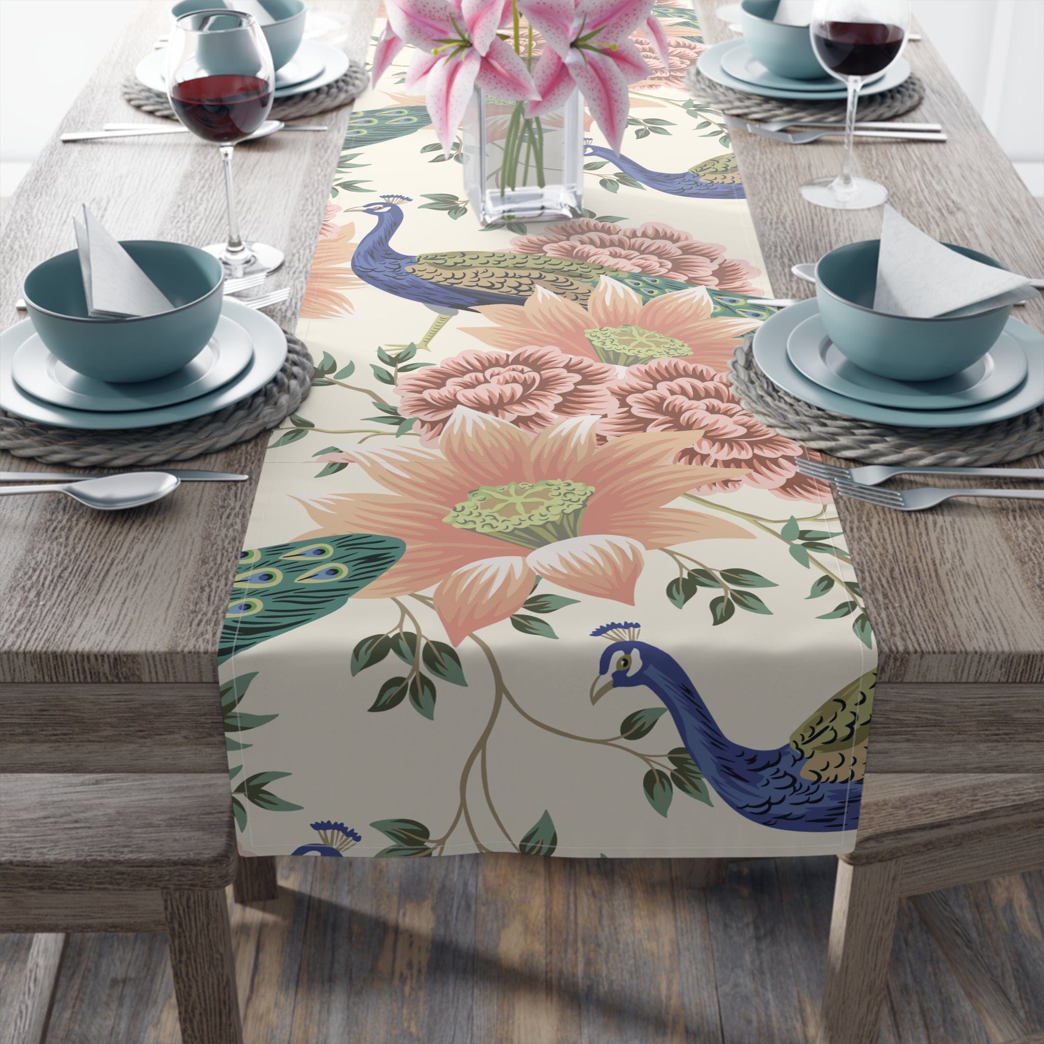 Kate McEnroe New York Chinoiserie Peacock Table Runner, Peach, Cream Floral, Elegant Dining DecorTable Runners32688448602041113197