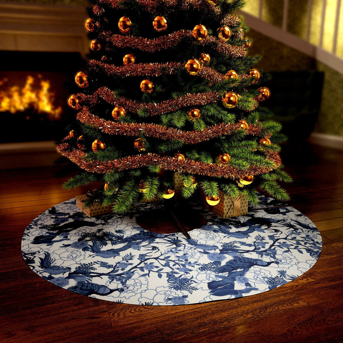 Kate McEnroe New York Chinoiserie Peacock Tree Skirt, Luxury Blue and White Christmas Decor, Elegant Holiday Tree Base, Festive Seasonal Accent Christmas Tree Skirts 57&