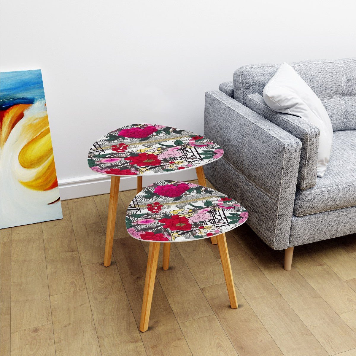 Kate McEnroe New York Chinoiserie Peony Nesting Tables, Bold Red Pink Floral Design, Asian Style Art Furniture AccentNesting TablesHw5uhtkjzN