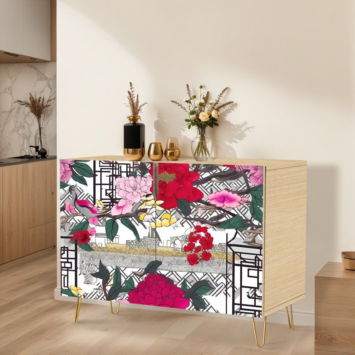 Kate McEnroe New York Chinoiserie Peony Shoe Cabinet, Red Pink Floral Storage Unit, Asian Style Entryway FurnitureStorage CabinetsrYkUz43Awu