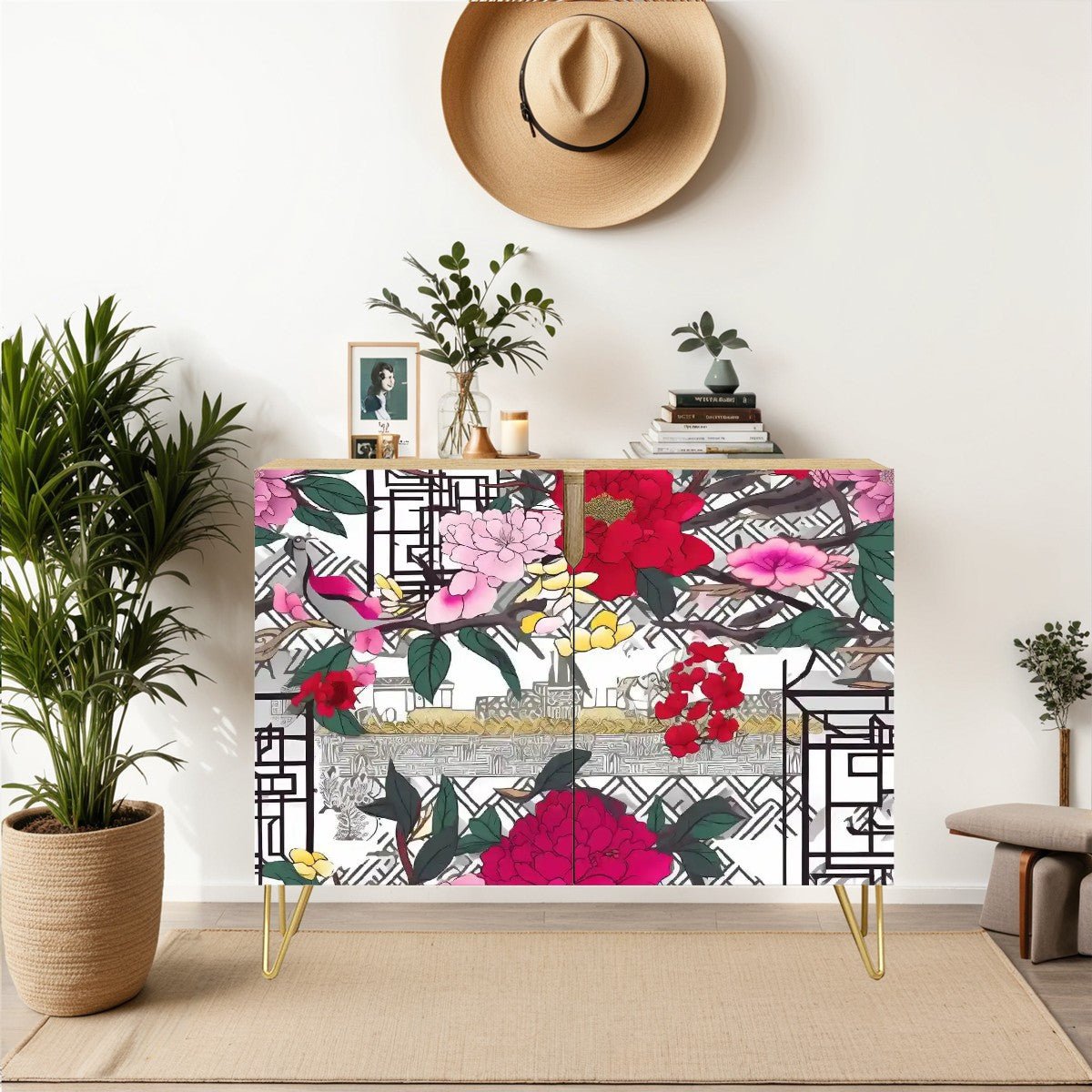 Kate McEnroe New York Chinoiserie Peony Shoe Cabinet, Red Pink Floral Storage Unit, Asian Style Entryway FurnitureStorage CabinetsrYkUz43Awu