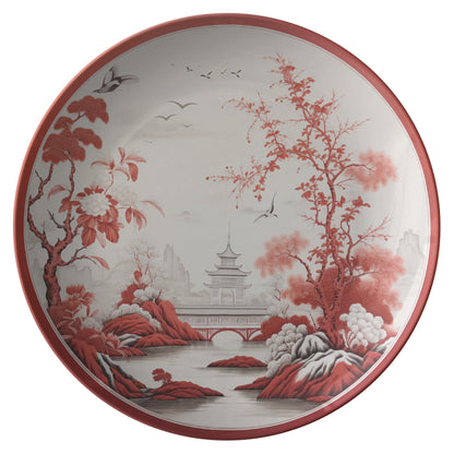 teelaunch Chinoiserie Red Blossom Pagoda Landscape Dinner Plates, Vintage Oriental Birds Dinnerware Kitchenware